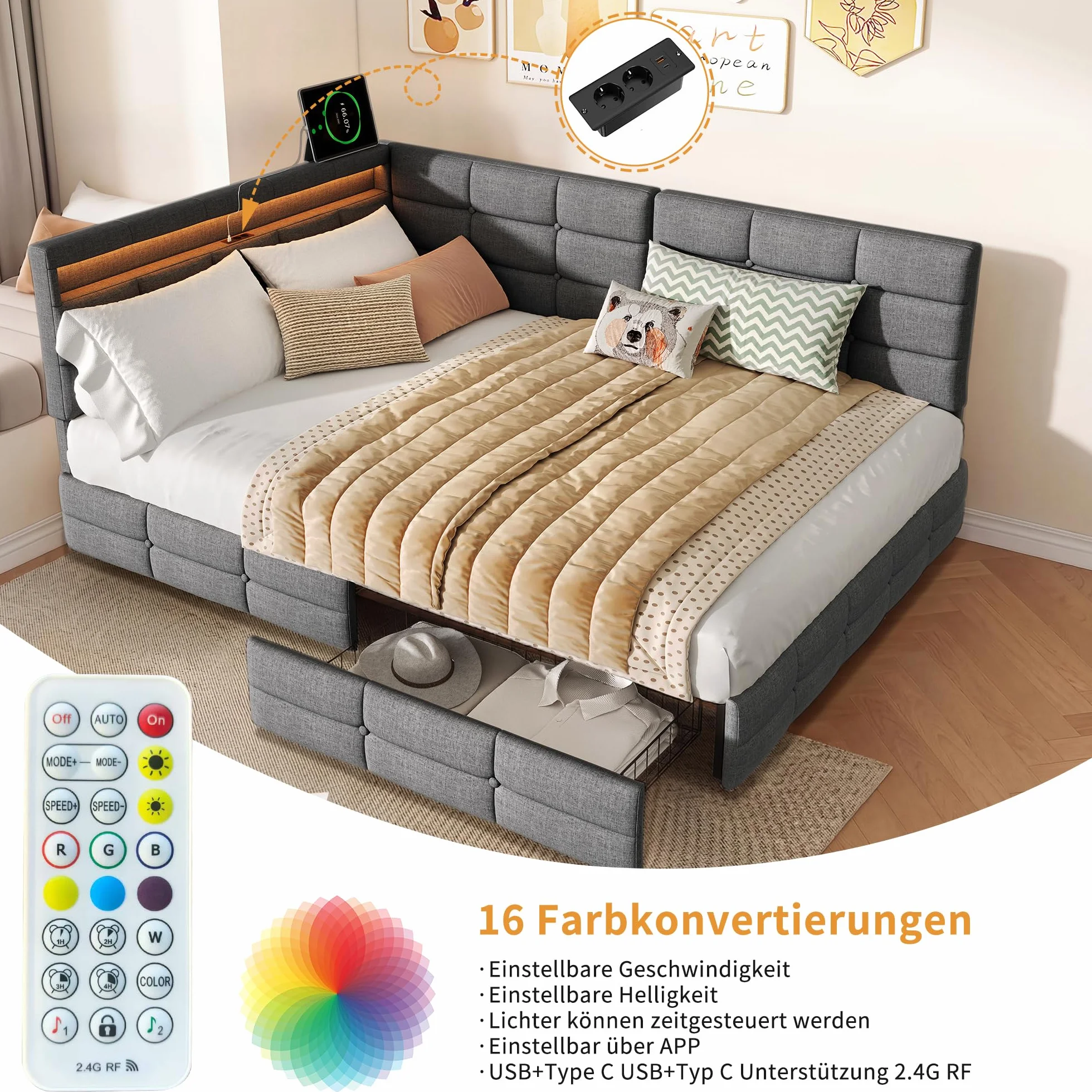 Łóżko tapicerowane, podwójne, 140 x 190 cm, z miejscem do przechowywania, łóżko dzienne, sofa z 2 szufladami, łóżko młodzieżowe z diodami LED i USB, łóżko funkcyjne ze stelażem, len, szare (szare, 140