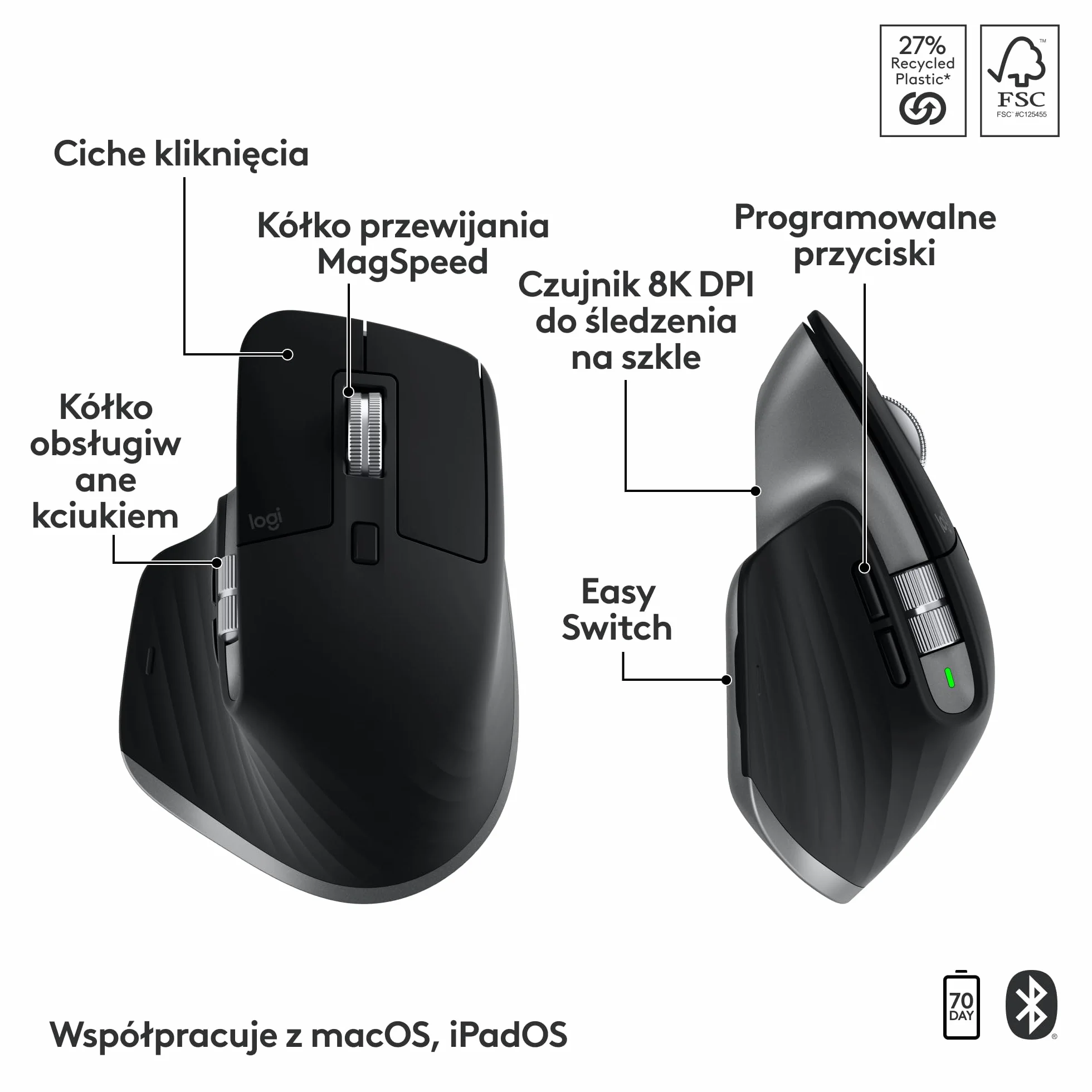 Logitech MX Keys S Combo for Mac, bezprzewodowa klawiatura i z podpórką pod nadgarstki, podświetlana, bezprzewodowa, z szybkim przewijaniem, Bluetooth USB C dla MacBooka, iPada,QWERTY US INT'L - Szary