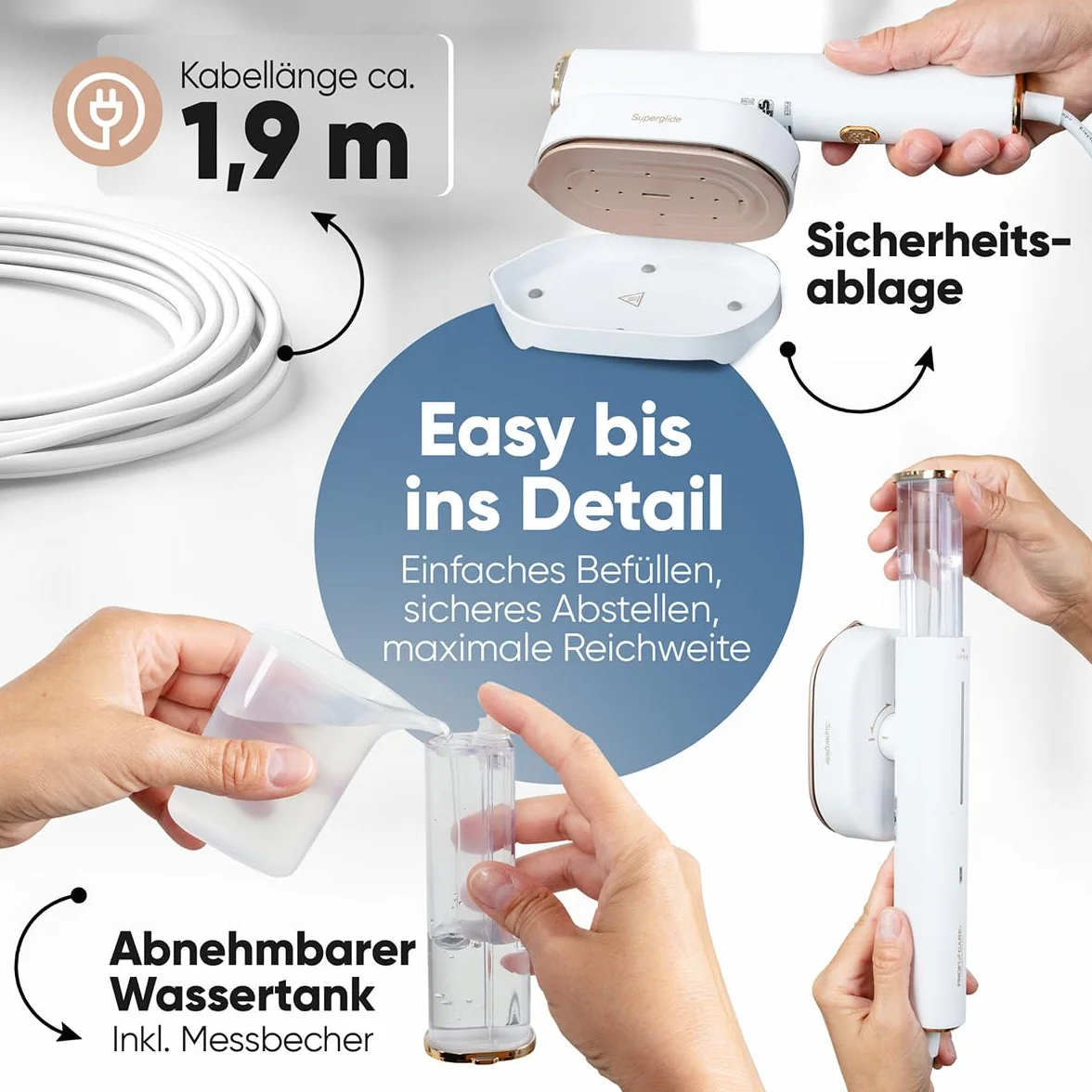 Proficare, żelazko podróżne i parownica 2 w 1 PC-DG3124, 1300 W, ceramiczna stopa Superglide, zbiornik 80 ml, czas nagrzewania 30 s, stała para 20 g/min, kabel 1,90 m