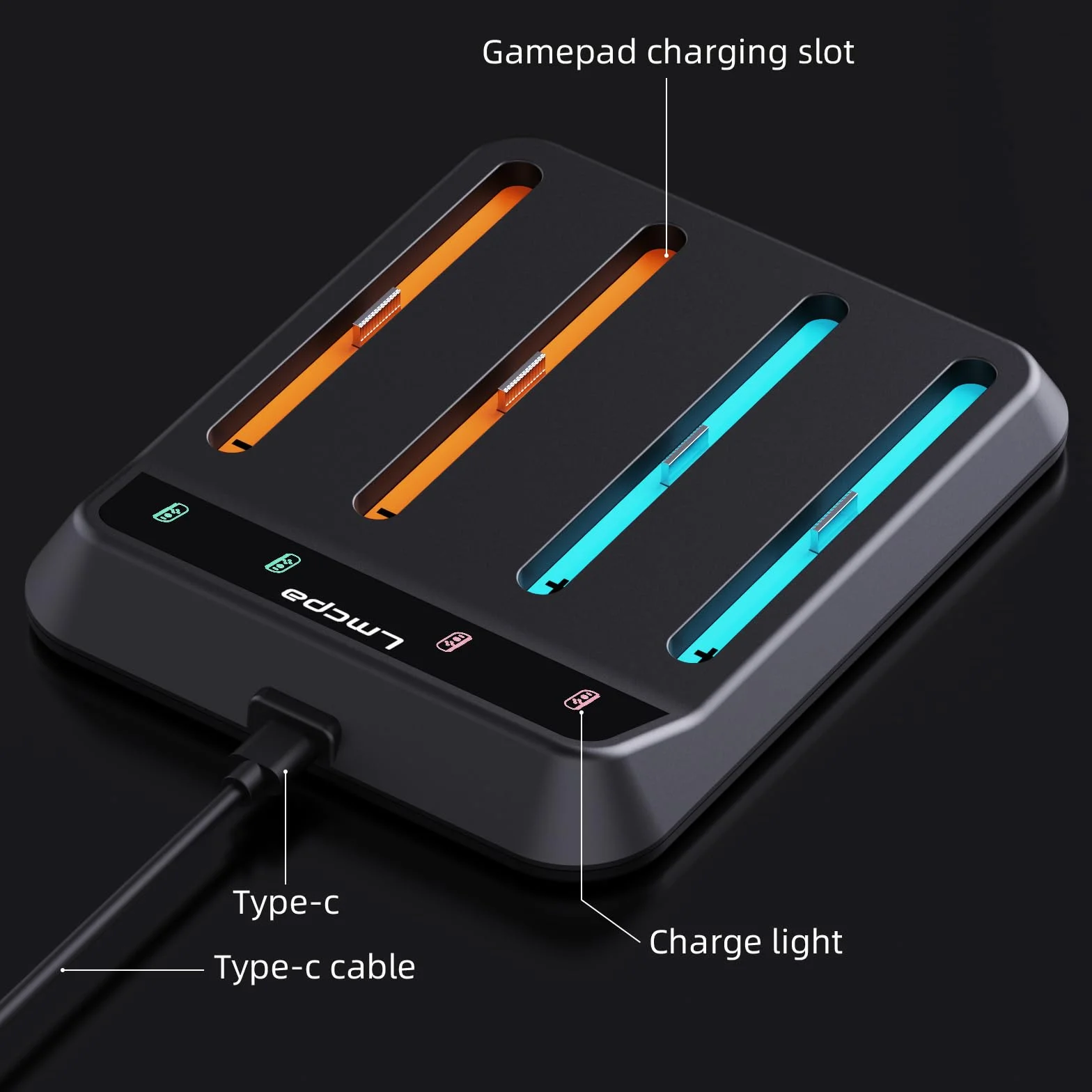 Lmcpa Stacja ładująca do Nintendo Switch 2 Joy Con, stacja ładująca z kablem ładowarki typu C, stacja ładująca z indywidualnym wskaźnikiem LED, czarna