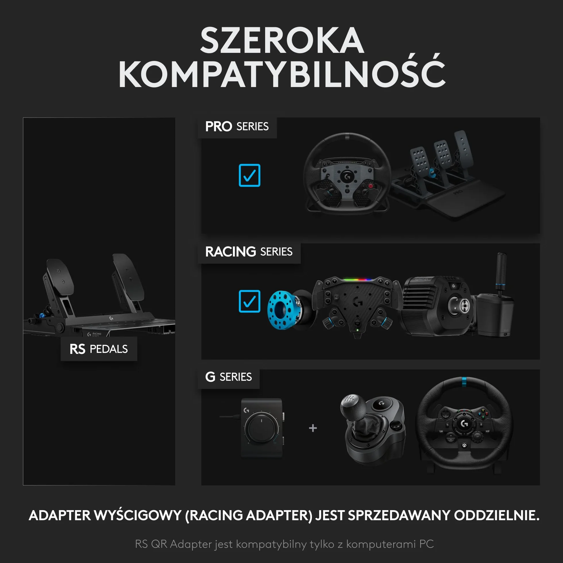 Logitech G RS Pedals Pedały wyścigowe do symulatorów z hamulcem czujnikiem tensometrycznym 75 kg regulowane pozycje modułowa konstrukcja stalowa rama Czarny