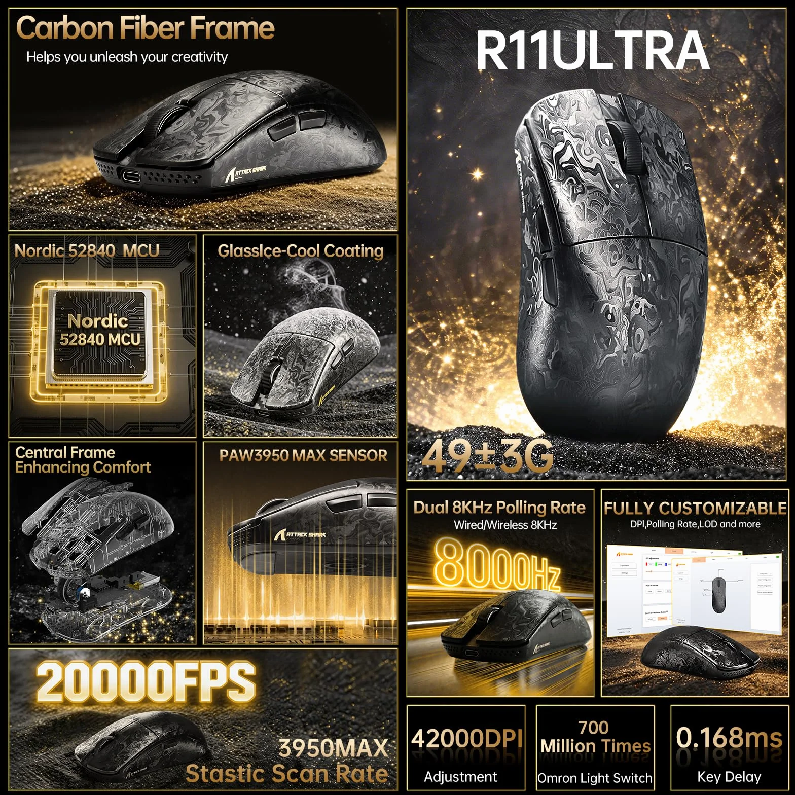 ATTACK SHARK R68 HE Zestawy Składające Się z Przewodowej Klawiatury Magnetycznej i Bezprzewodowej Myszy Gamingowej R11 ULTRA z Włókna Węglowego, 8000Hz Rapid Trigger, Mysz 49g, 42000DPI, Ink Shade