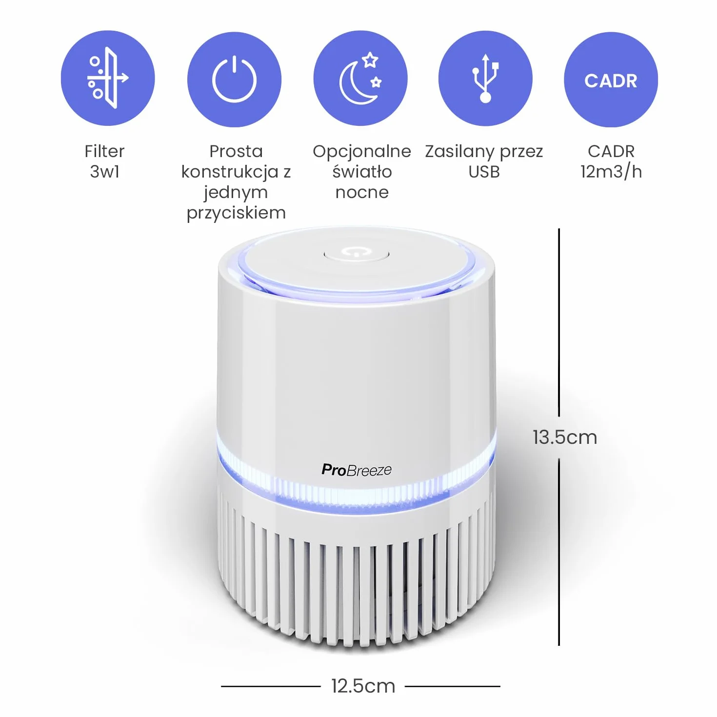 Pro Breeze Mały Oczyszczacz Powietrza na Biurko, z Filtrem HEPA Jonizatorem, Generator Jonów Ujemnych, Lampa Nocna LED, Usuwa do 99,97% Zanieczyszczeń Pyłków Dymu Kurzu, dla Alergików Palaczy