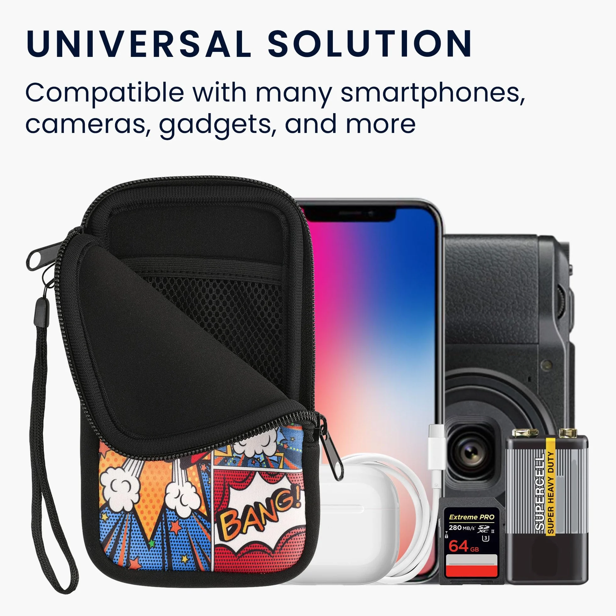 kwmobile Neoprenowy rękaw na smartfon rozmiar L - 16.5 cm - etui amortyzujące wstrząsy - ochronna torba na telefon - symbole komiksów wielokolorowe