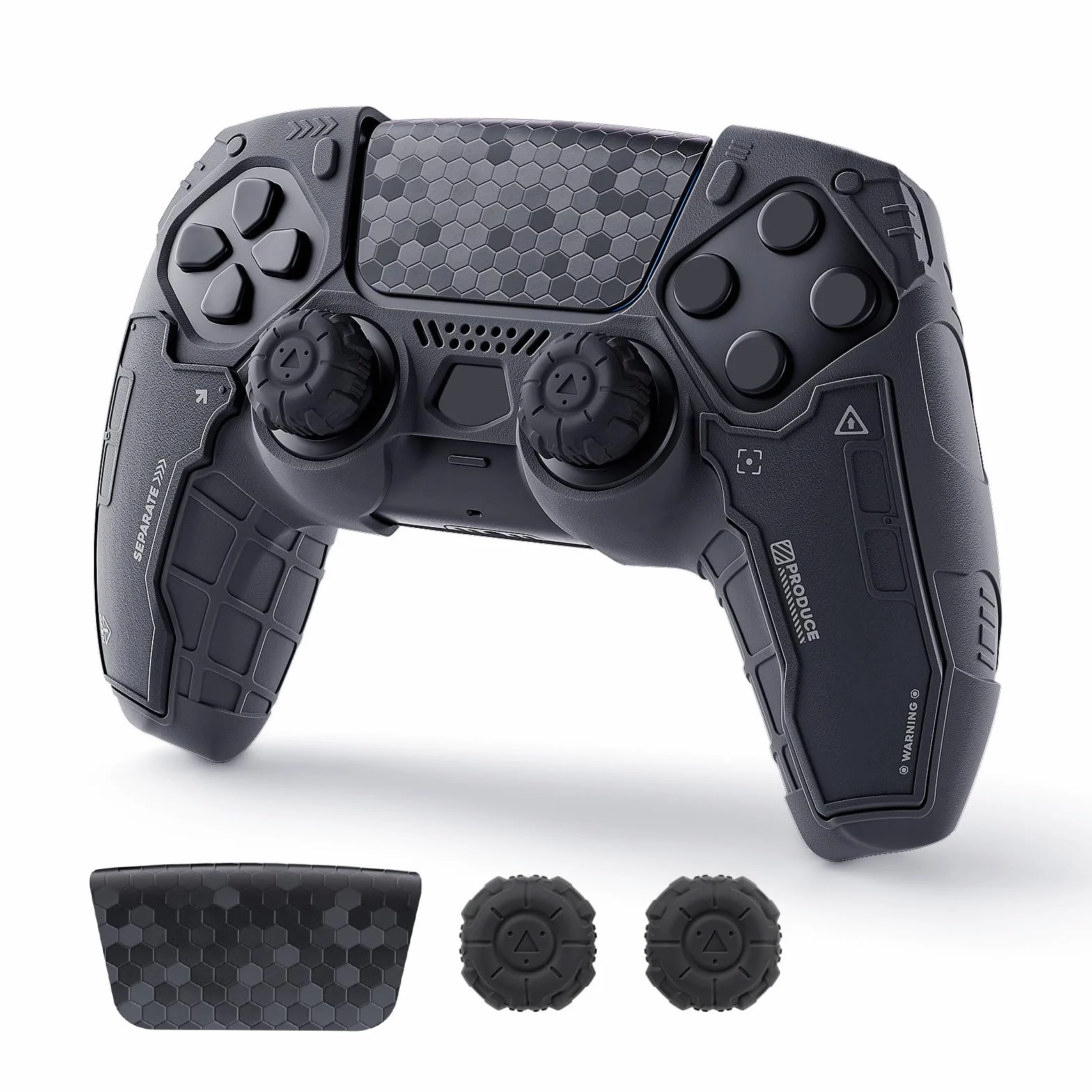 GeekShare Czarny zestaw skórek kontrolera PS5 Antypoślizgowy silikonowy pokrowiec ochronny do bezprzewodowego kontrolera PS5 z 2 nakładkami na kciuki i 2 naklejkami