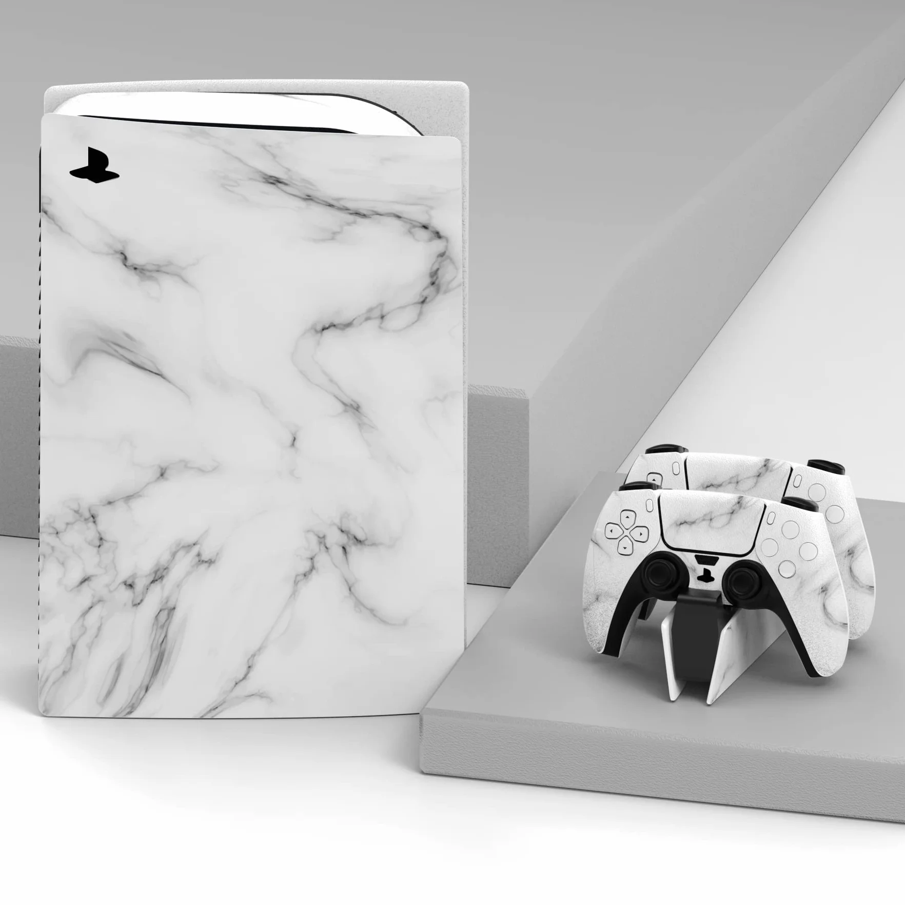 PlayVital Skórka Sticker kompatybilny z ps5,Naklejka Skins do ps5 Disc Edition,Ochronne Naklejki do ps5 Kontroler&Stacja ładowania&Zestaw Słuchawkowy&Media Remote-Bezszwowy Biały Marmur