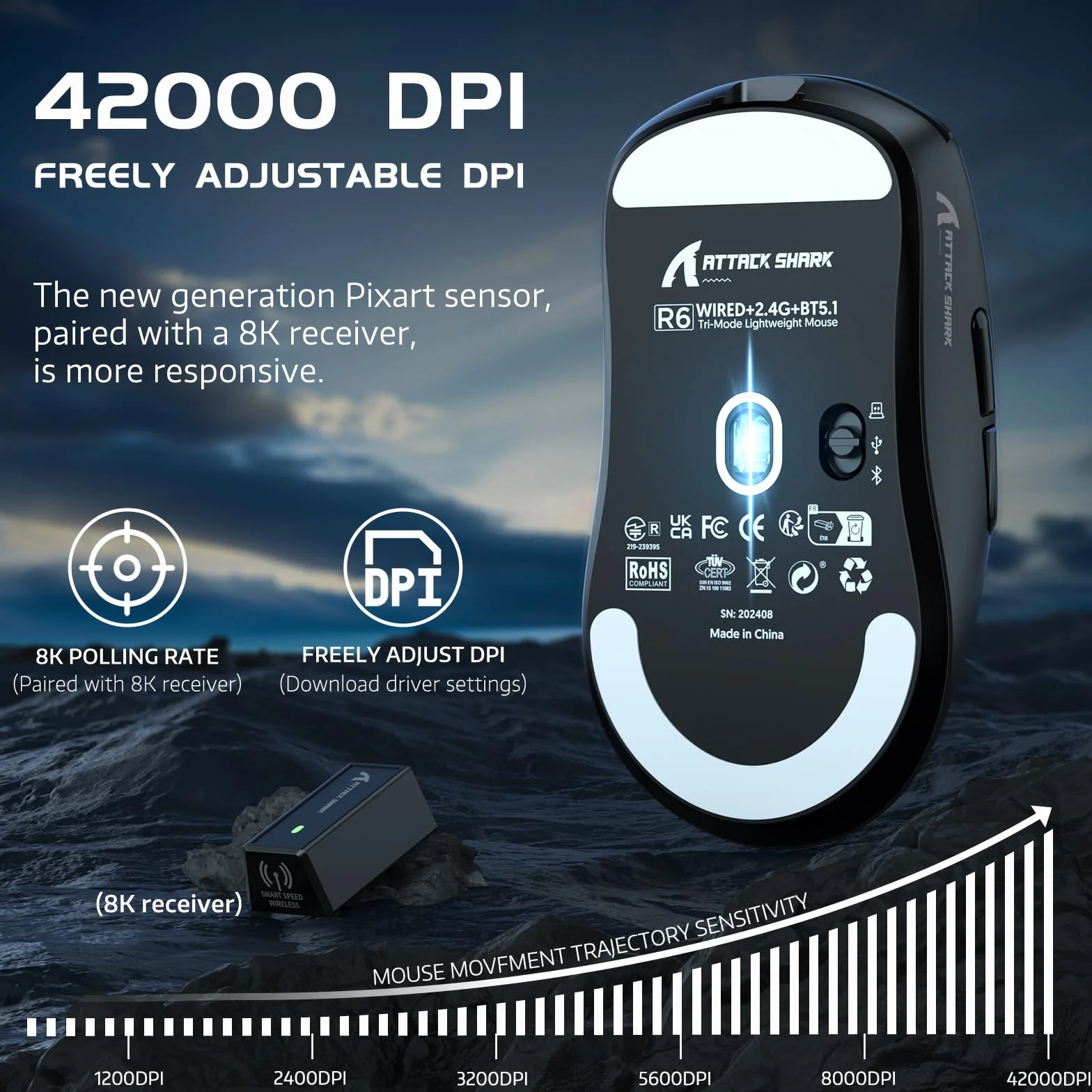 ATTACK SHARK R6 Bezprzewodowa mysz do gier 8KHz, SUPERLIGHT 42g, Nordic 52840 MCU, czujnik do gier PixArt PAW3950MAX, BT/2.4G /Przewodowy, 6 regulowanych DPI do 42000, akumulator 250mAh(czarny)