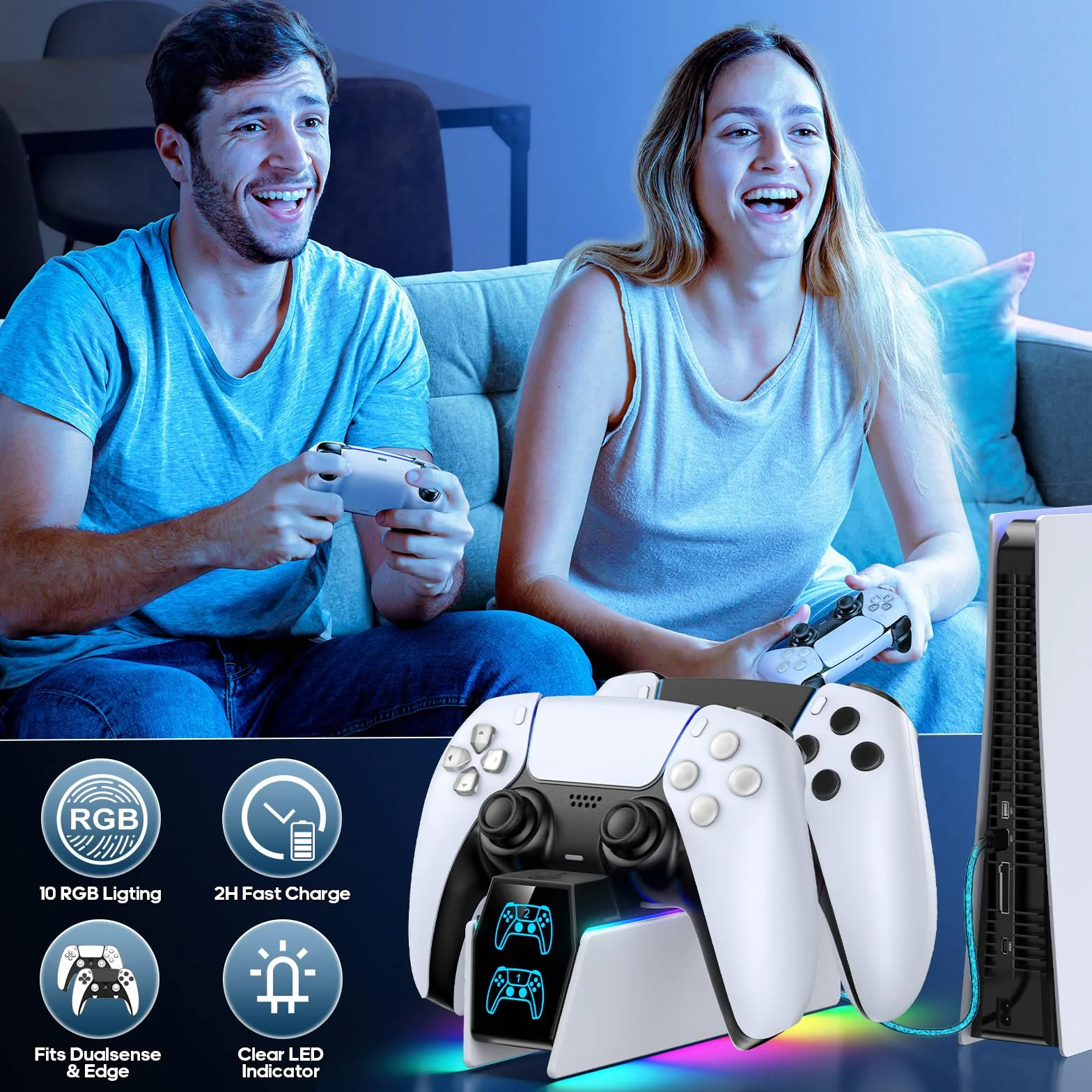 Tokluck Stacja ładująca do kontrolera PS5, kompatybilna z Playstation 5 Edge i podwójnym kontrolerem, stacja ładująca do gier z kablem, ochraniacz PlayStation Stacja dokująca ze wskaźnikami LED, biała