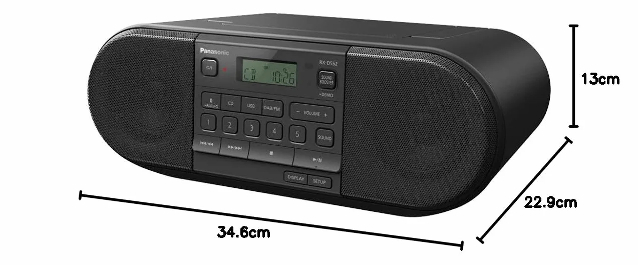 Panasonic RX-D552 przenośny odbiornik radiowy DAB+ o dużej mocy 20W (CD, Bluetooth®, USB, pełnozakresowe głośniki 8cm, Sound Booster, na baterie), czarny