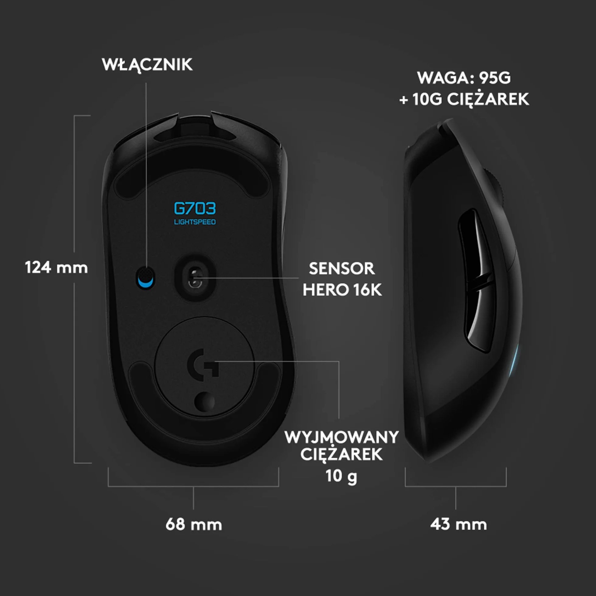 Logitech G703 LIGHTSPEED Bezprzewodowa mysz dla graczy, czujnik HERO 25K DPI, RGB, regulowana waga, 6 programowalnych przycisków, długi czas pracy baterii, kompatybilna z POWERPLAY, PC/Mac - Czarny