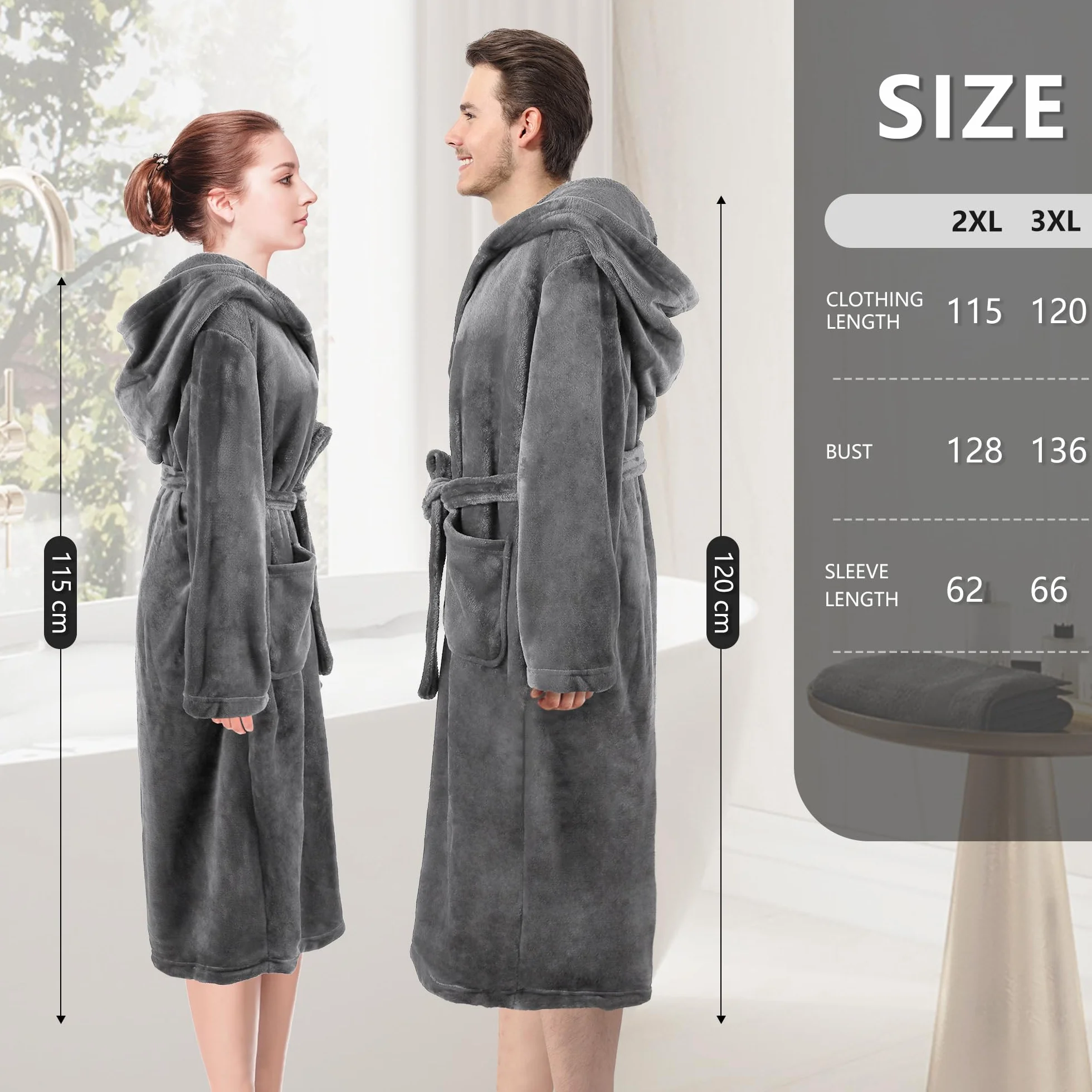 Pameil Szlafrok dla kobiet i mężczyzn, puszysty szlafrok z kapturem, koralowy polar, naszywane kieszenie, chłonny i szybkoschnący (długość 115 cm x szerokość barku 50 cm)