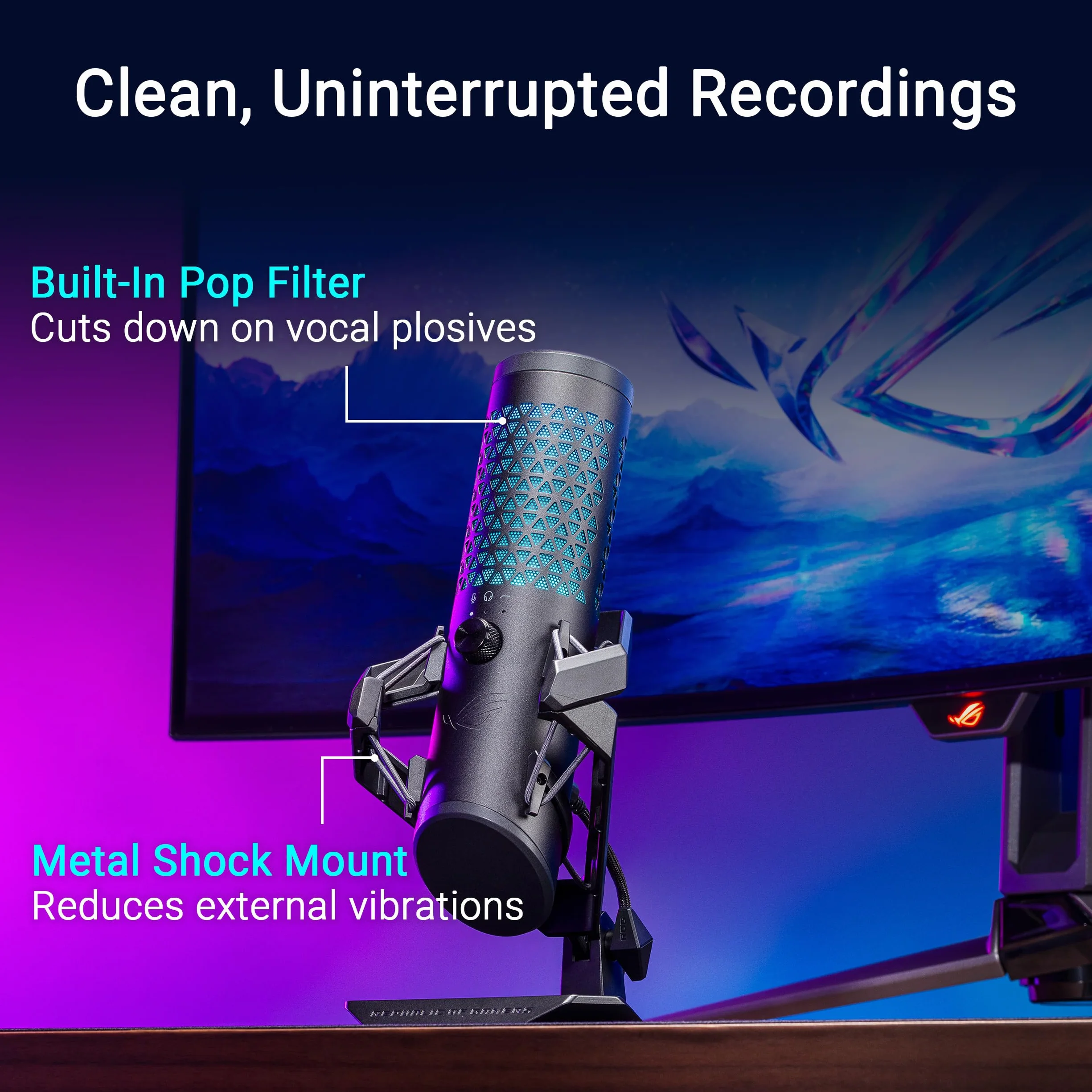 ASUS ROG Carnyx RGB mikrofon kondensatorowy do gier, streamingu i podcastów, kapsuła kondensatora 25 mm, częstotliwość próbkowania 192 kHz / 24-bitowa, filtr górnoprzepustowy, filtr pop, metalowy