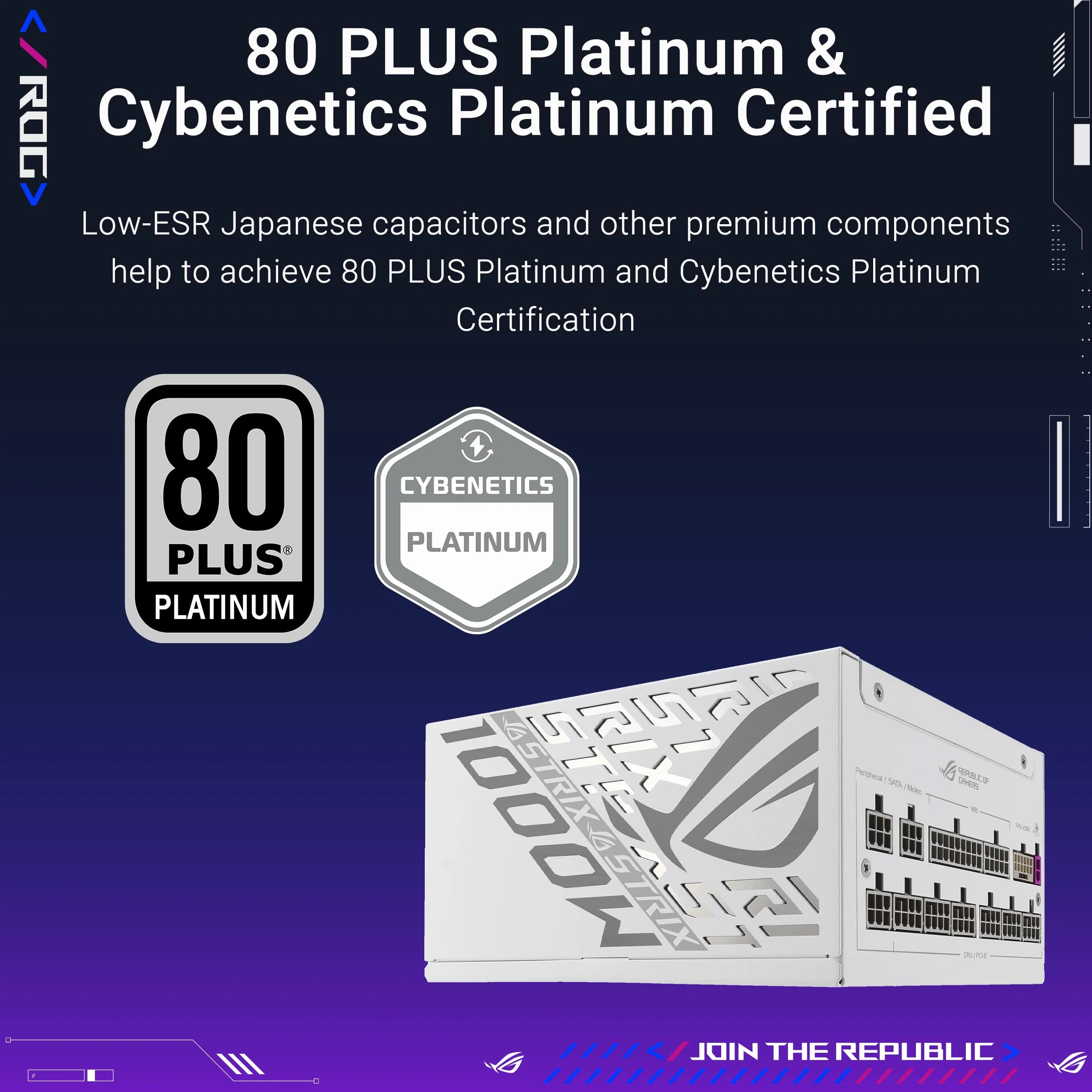 Asus ROG Strix 1000W Platinum White PSU, w pełni modułowy, 80+ Platinum, ATX 3.1, PCIe 5.0, GaN MOSFET, inteligentny stabilizator napięcia