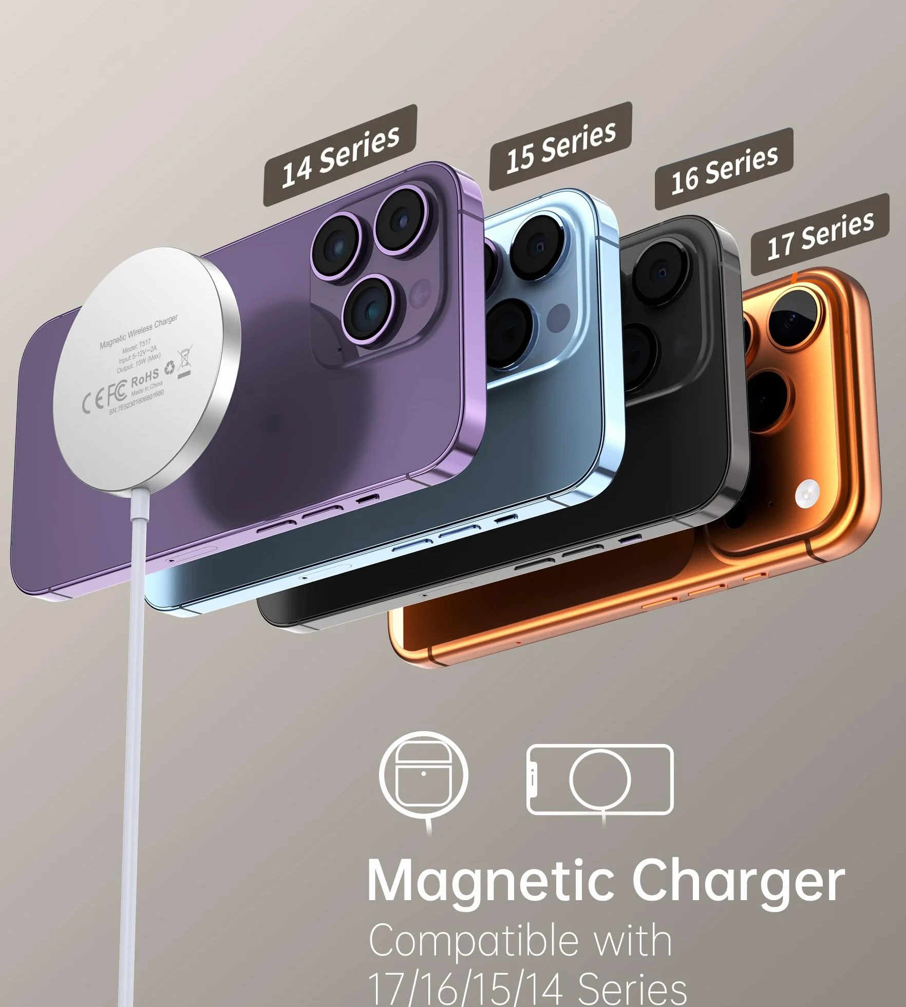 RoRoSkin ładowarka iPhone z adapterem USB-C 20 W, bezprzewodowa ładowarka indukcyjna do iPhone 17e/17/16/15/14/13/12 Pro Max/Air/Plus/Pro, magnetyczna szybka ładowarka bezprzewodowa, śnieżnobiała