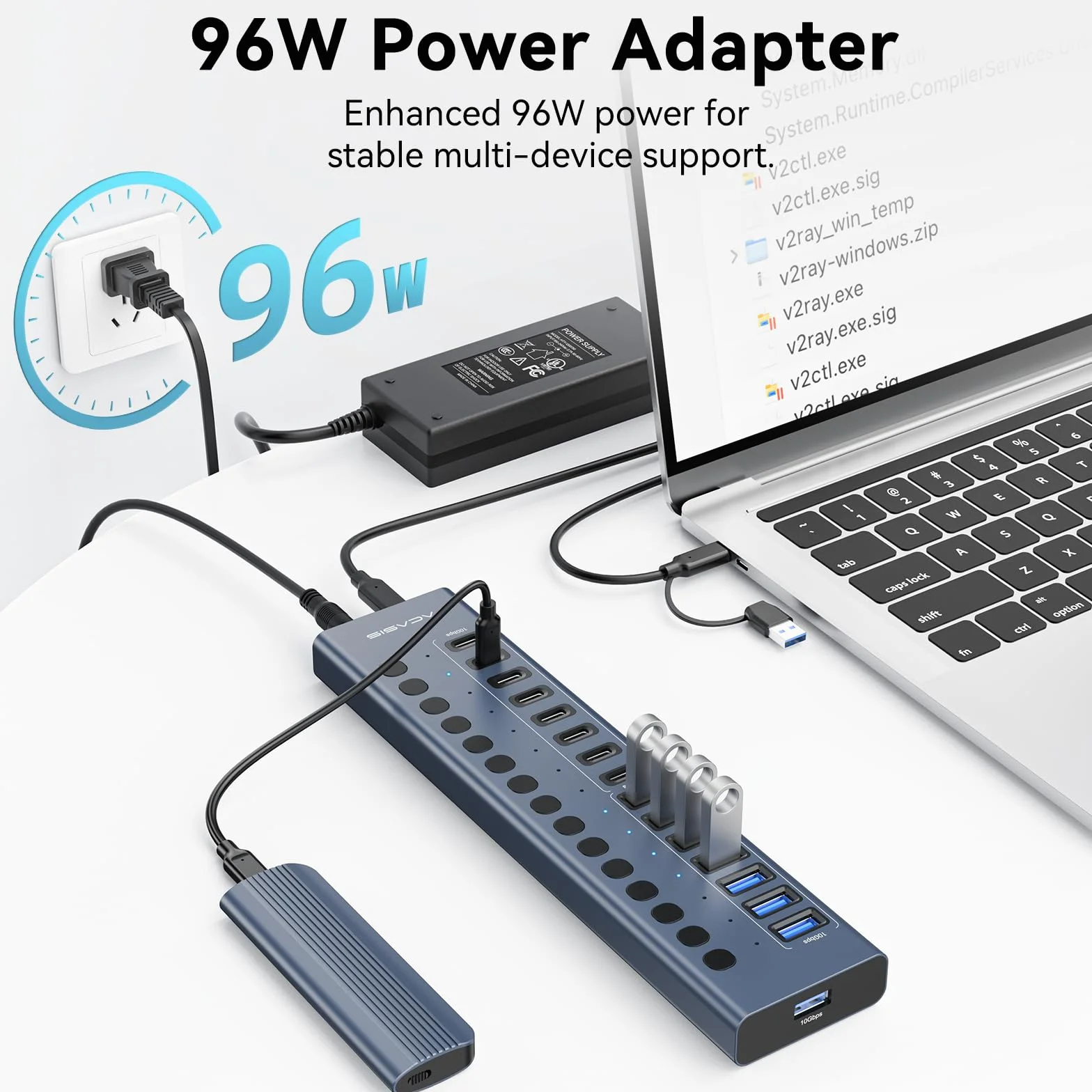 Zasilany koncentrator USB 3.2, ACASIS 16 portów, koncentrator USB 3.2 (8 portów USB-A 3.2 + 8 portów USB-C 3.2), aluminiowy hub USB zasilany zasilaczem 96 W, hub USB do PC/laptopa, komputera