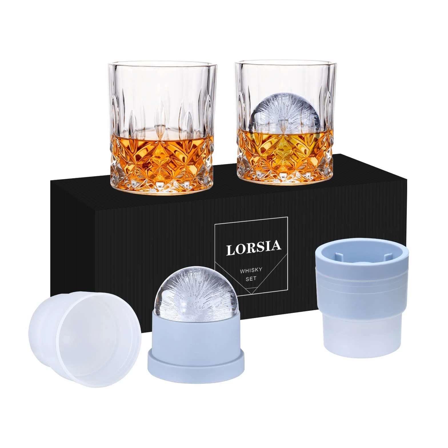 Szklanka do whisky, zestaw 4 szt. (2 kryształowe szklanki, 2 duże foremki do lodów) w pudełku prezentowym – szklanki do whisky 300 ml do szkockiego koktajlu, rumu, koniaku, wódki, likierów, wyjątkowe