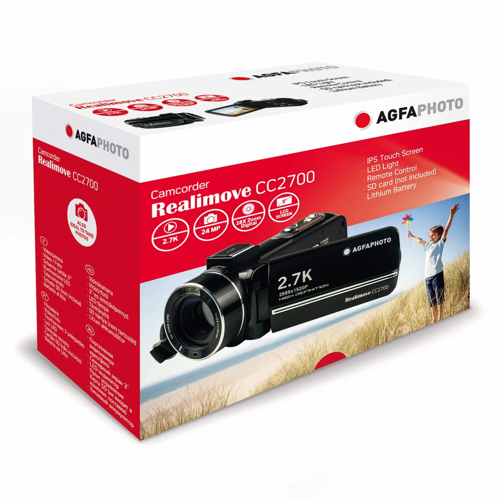 AgfaPhoto Realimove CC2700 kamera wideo 2,7 K, zdjęcia 24 MP, ekran dotykowy IPS 3,0", zoom cyfrowy 18x, światło LED, pilot zdalnego sterowania, 2 x bateria litowa