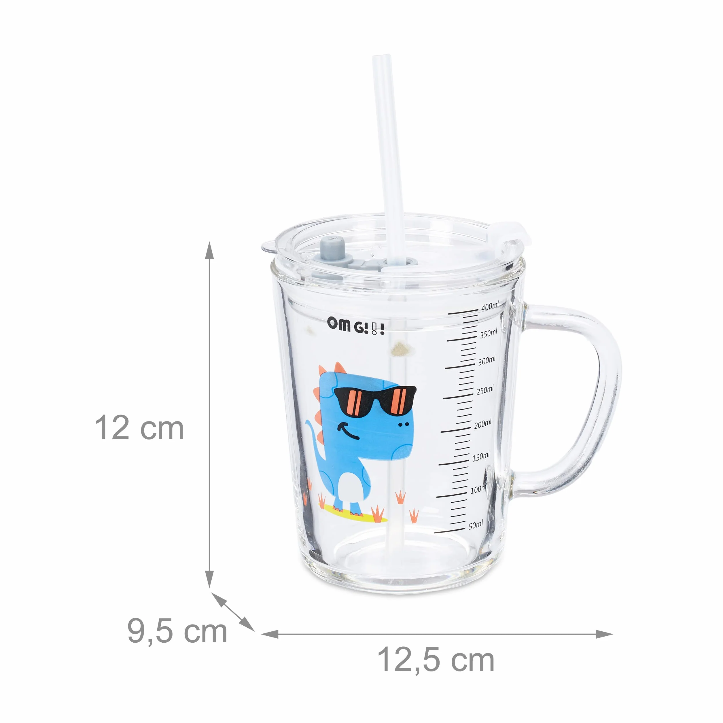 Relaxdays Zestaw 2 szklanek dla dzieci, motyw dinozaura, szklanka do picia dla dzieci, z uchwytem, pokrywką i słomką, skala 400 ml, przezroczyste