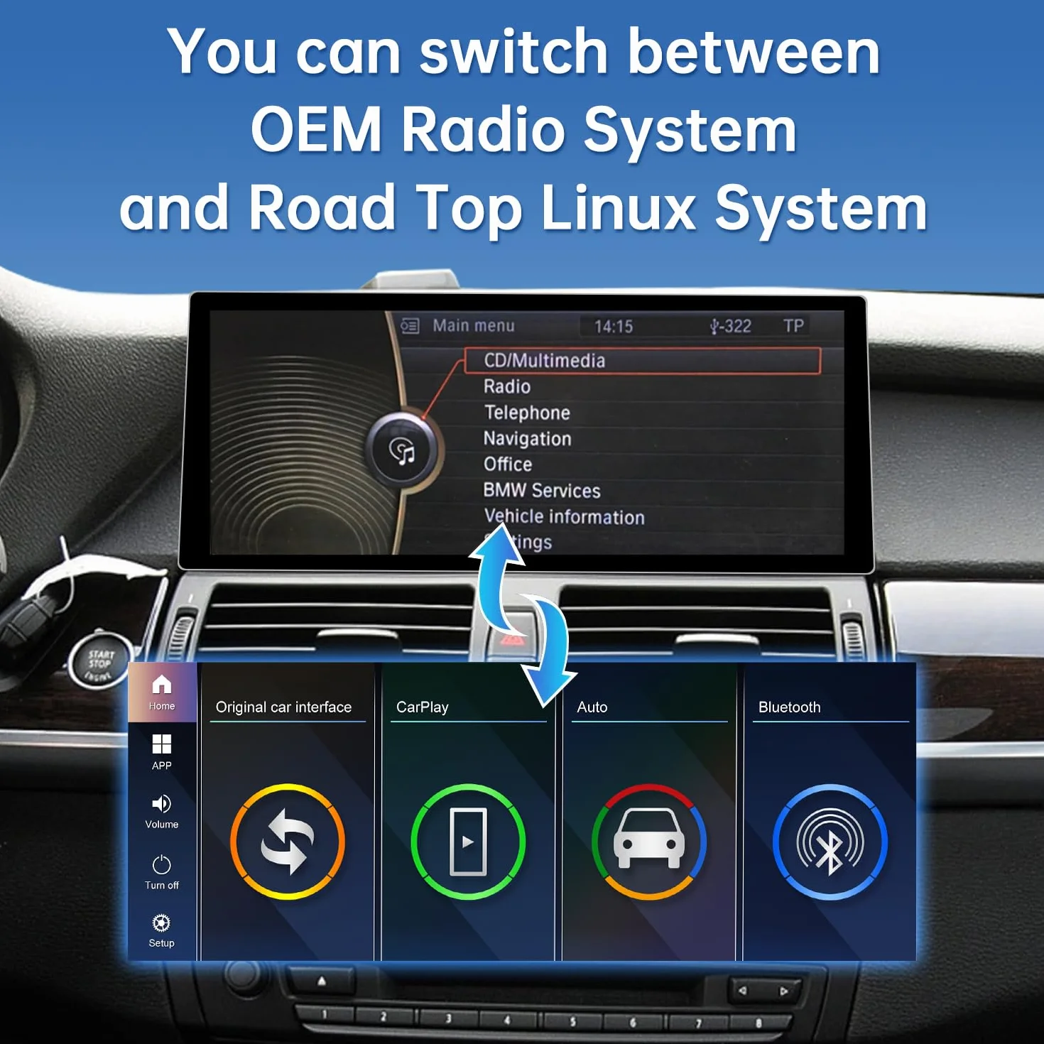 Road Top Ekran CarPlay, 12,3-calowe radio samochodowe stereo dla BMW X5/X6 serii E70/E71 z systemem CIC (2009-2014 rok), radio samochodowe z wąską ramką dla CarPlay/Android Auto/MirrorLink