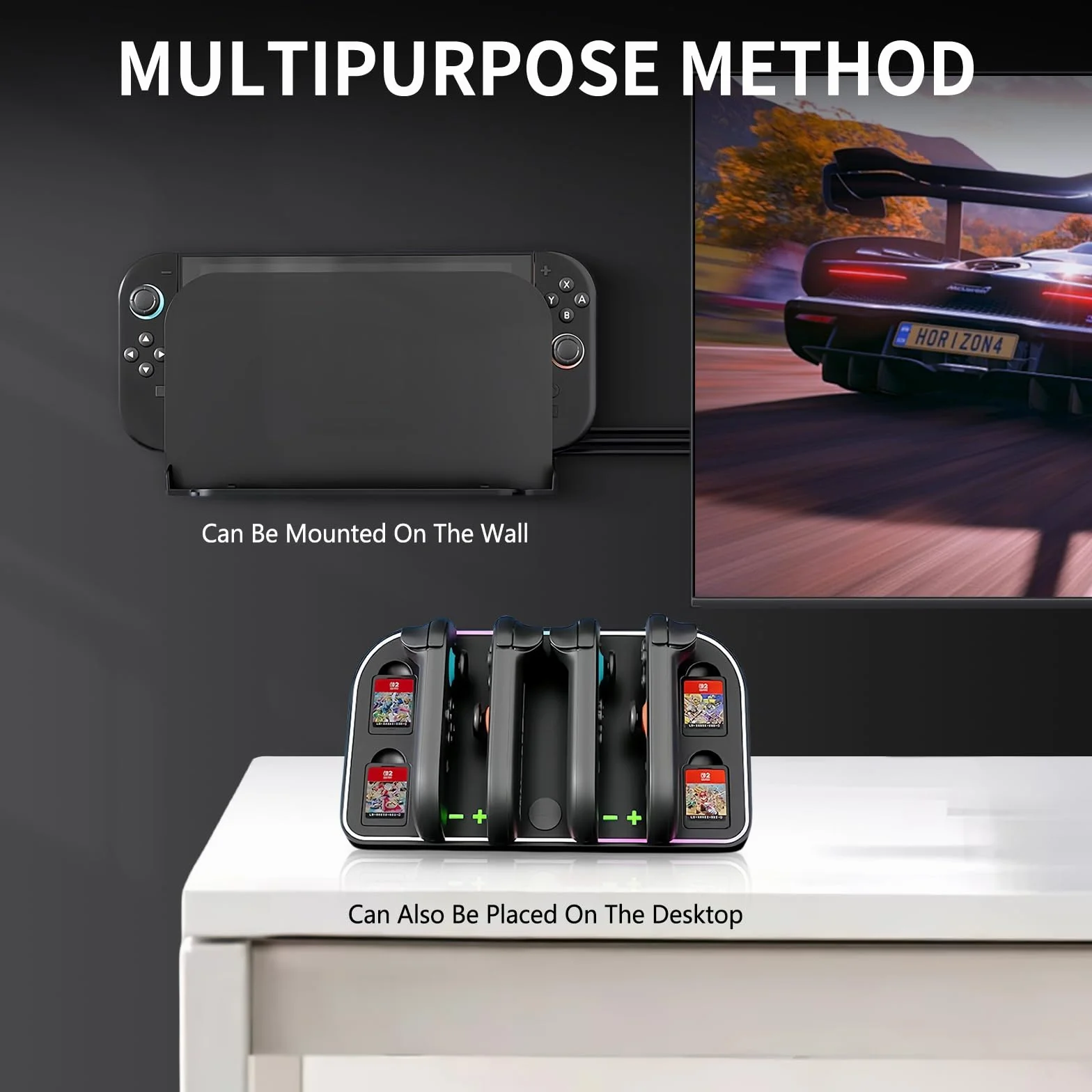 Stacja ładująca do Nintendo Switch 2 Joy Con (2025), szybka ładowarka SW2 Joy-Con magnetyczna stacja ładująca z 7 trybami światła i gniazdami na karty do gier, biurko/ścienna stacja ładująca