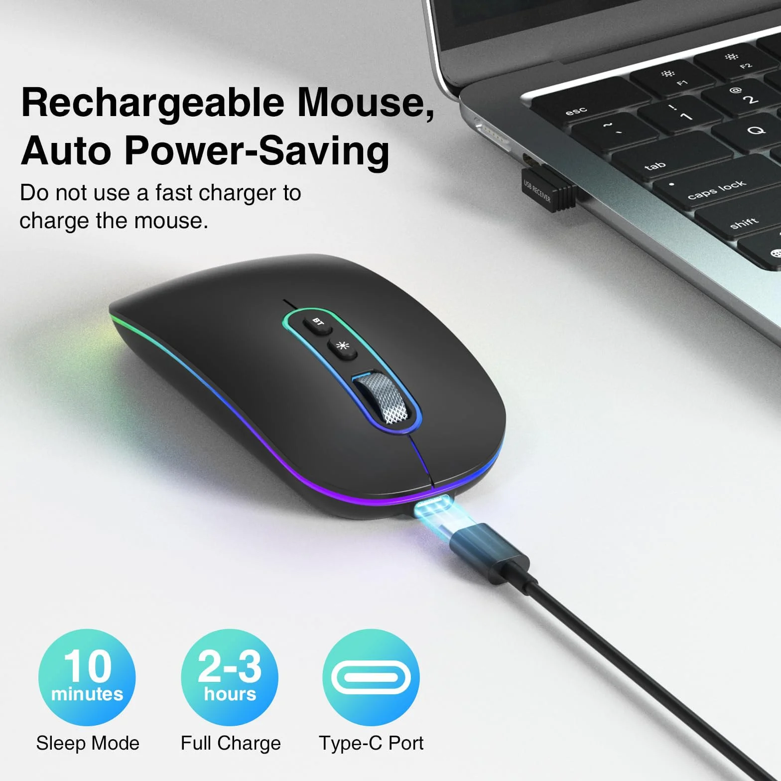 Cimetech Bluetooth Mouse Wireless (Bluetooth 5.1 + USB 2,4 GHz) LED Dual Tryb- Naładowane optyczne mysz radia biurowa dla laptopa MacBooka Air Pro, iPad, komputer.