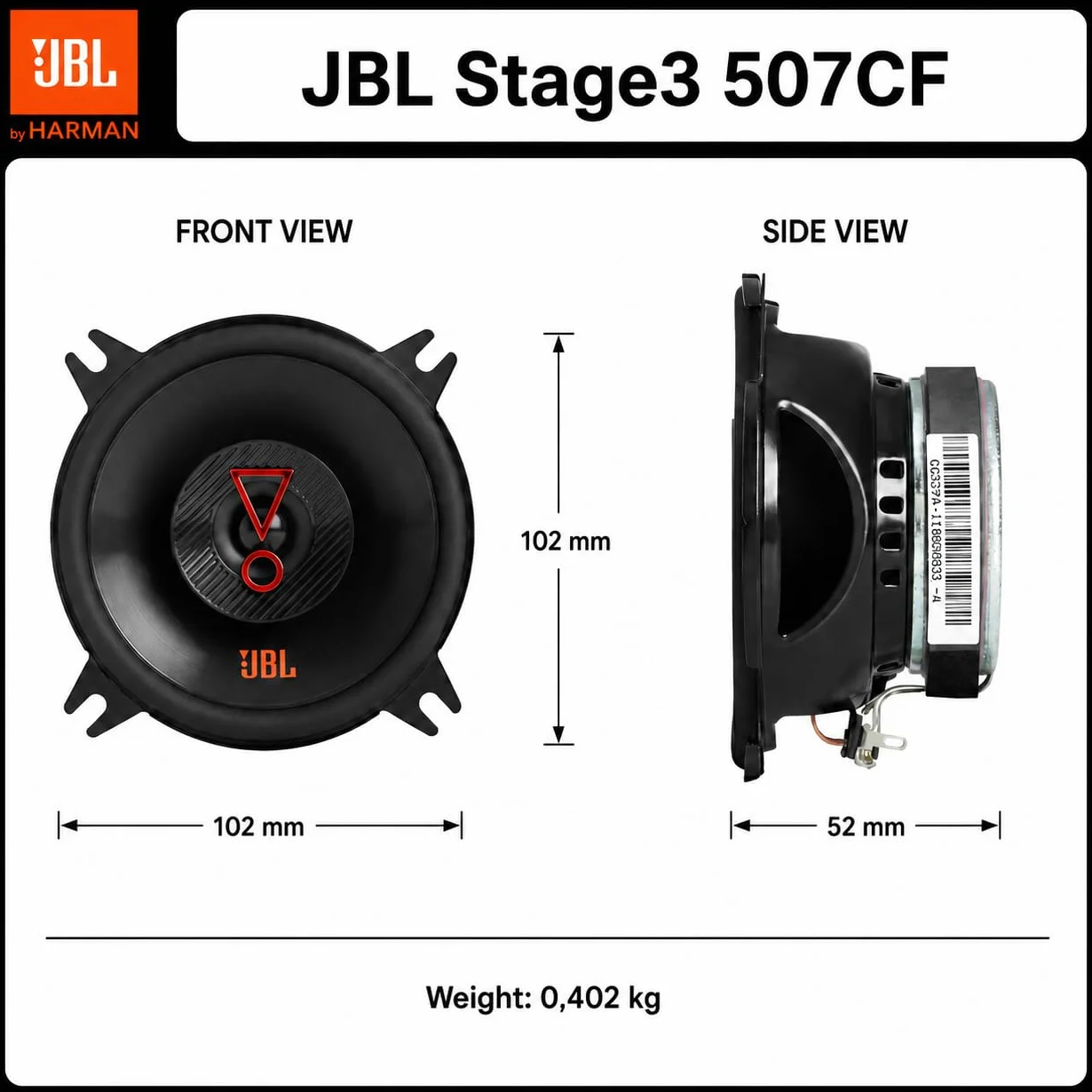 JBL Stage3 507CF głośnik samochodowy Harman Kardon 2-drożny system głośników samochodowych, 135 W Baffle Pro Sound 13 cm (130 mm) bez oddzielnych kratek i głośników wysokotonowych