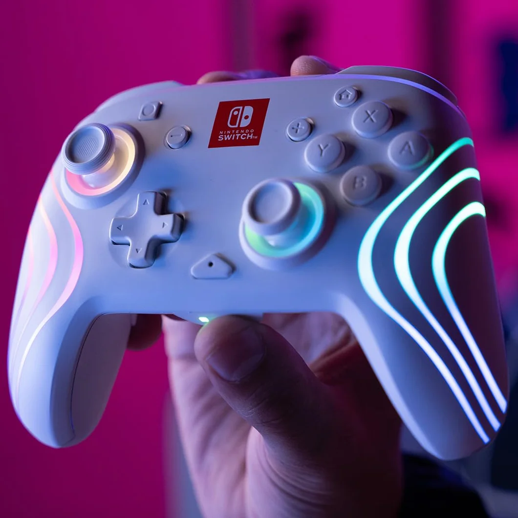 PDP Afterglow Wave Wireless Pro Controller for Nintendo Switch OLED, 8 RGB LED Zones, 30ft Range, 20H Battery White