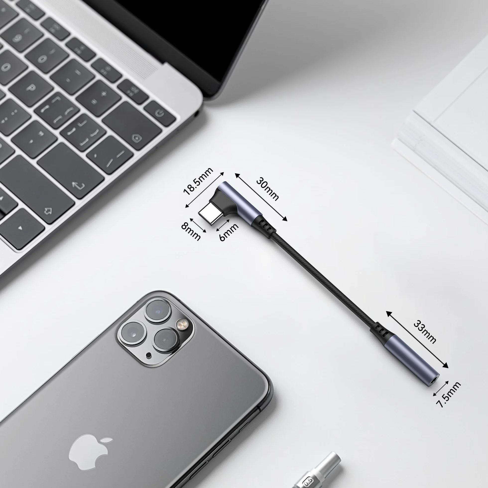 Tobfit adapter USB C na 3,5mm gniazdo, adapter 90 stopni USB C na 3,5mm gniazdo aux dla iPhone 16 15 Pro Max Plus, Samsung Galaxy S25 S24 S23 S22 S21 S20 FE, Huawei P40/P30/P20 Pro, Google Pixel 8/7