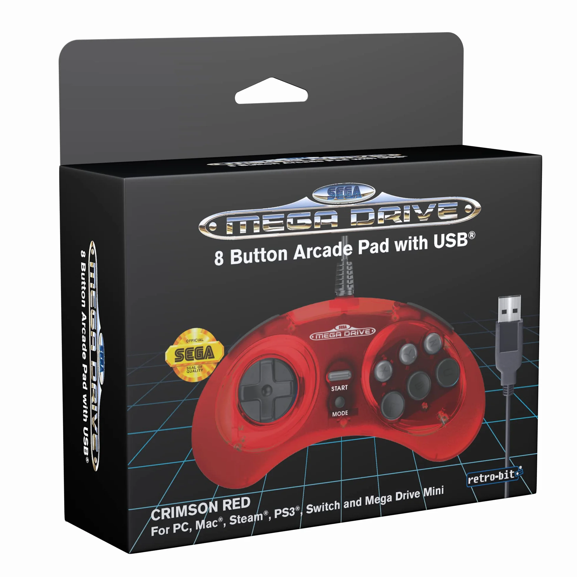 Retro-Bit Official Sega Mega Drive USB Controller 8-Button Arcade Pad for Sega Genesis Mini, Switch, PC, Mac, Steam, RetroPie, Raspberry Pi - USB Port (Crimson Red) - - Nintendo Switch