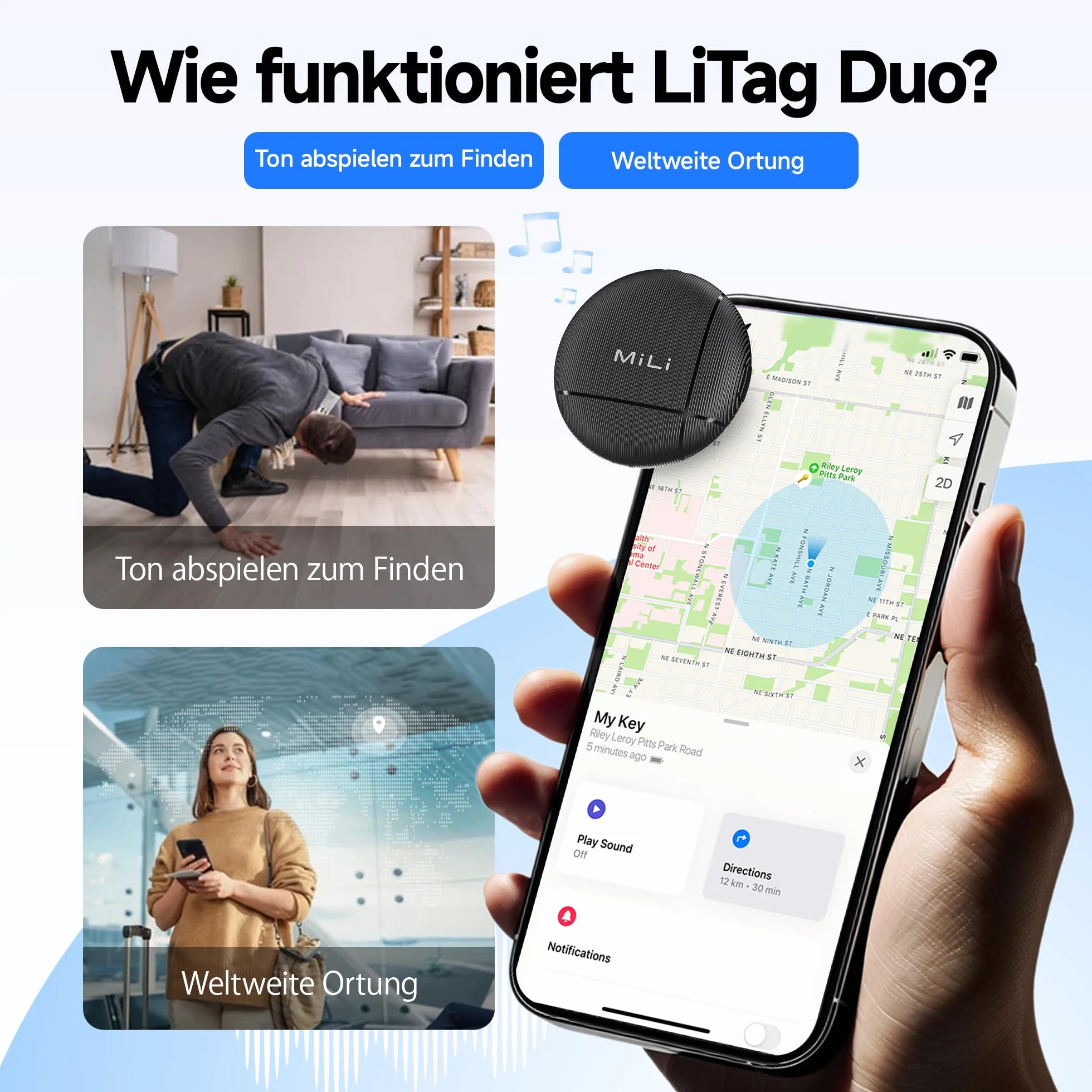 MiLi LiTag Duo – Lokalizator Bluetooth dla Android i iOS, Inteligentny Tracker Kluczy i Bagażu, Kompatybilny z Google Znajdź moje urządzenie i Apple Find My, Z Wymienną Baterią