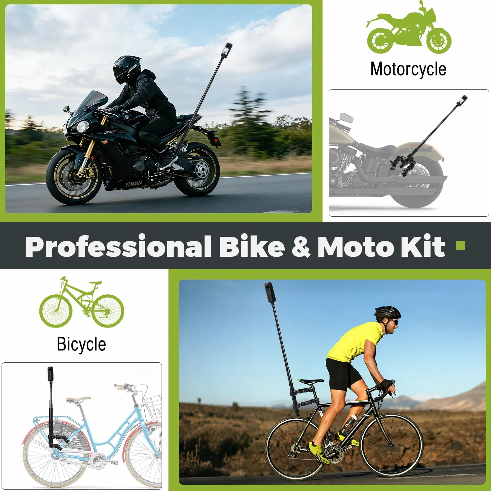 Uchwyt motocyklowy do Insta360 X5 X4, zestaw montażowy na kierownicę rowerową, 120 cm, niewidoczny kijek do selfie, podwójny zacisk, akcesoria do aparatu Insta 360 X5 X4 X3 ONE X2 GoPro Hero 13 12 DJI