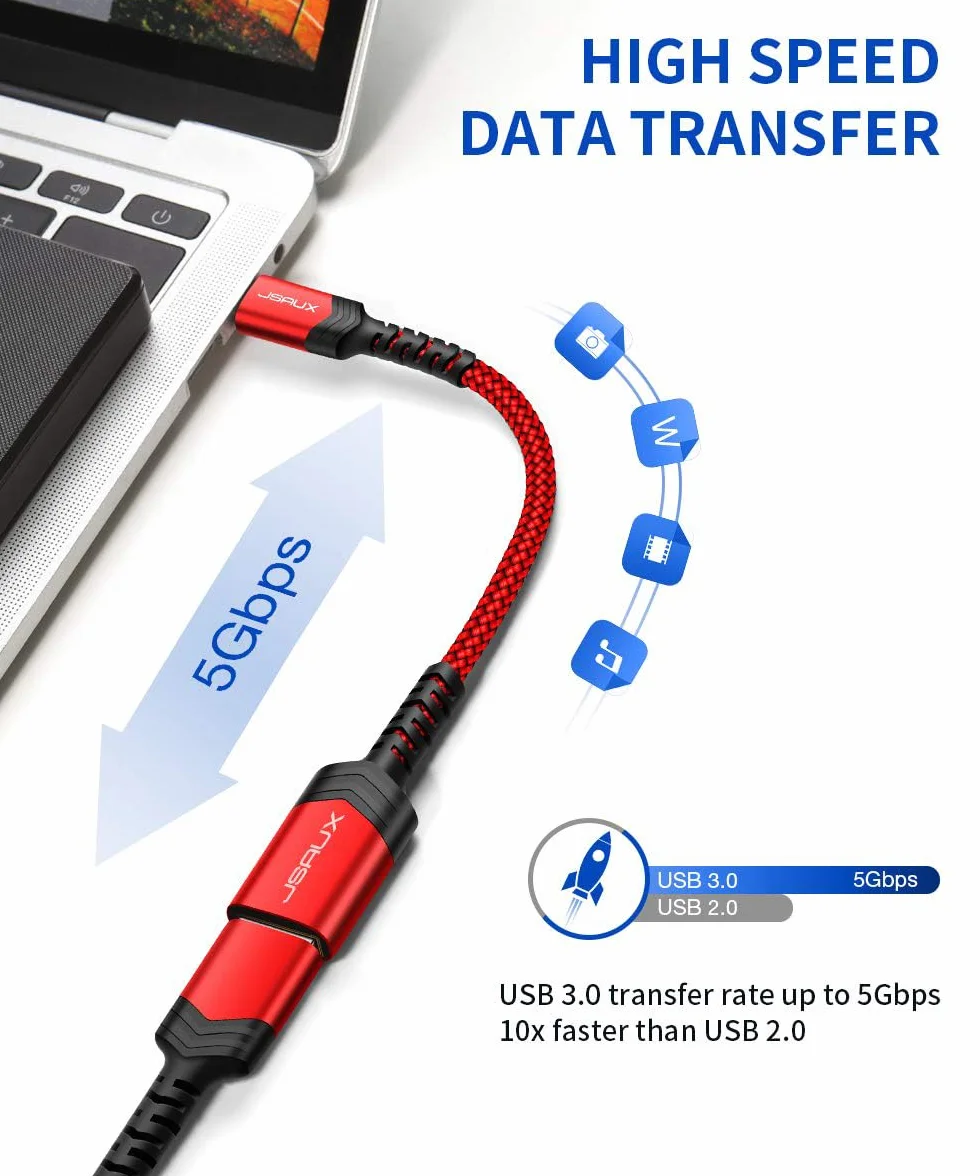 JSAUX Adapter USB C na USB [2 sztuki], OTG USB typu C, adapter kompatybilny z iPhone 16 Pro Max/15 Pro Max, iPad, MacBook Pro/Air, Galaxy S24/S23/S22 Ultra, Huawei P50, czerwony