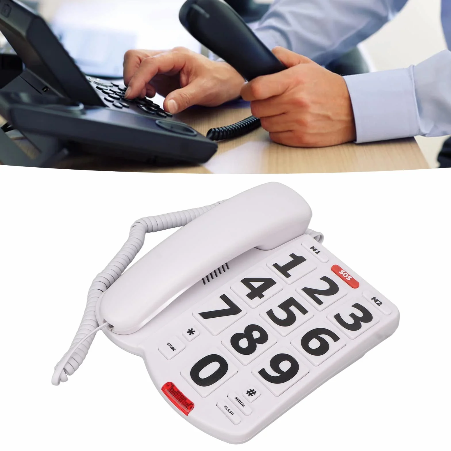 Telefon z Dużymi Przyciskami dla Seniorów, Duża głośność, Duże Przyciski, Regulowana głośność, Przewodowy Telefon Stacjonarny dla Osób Starszych, Biały