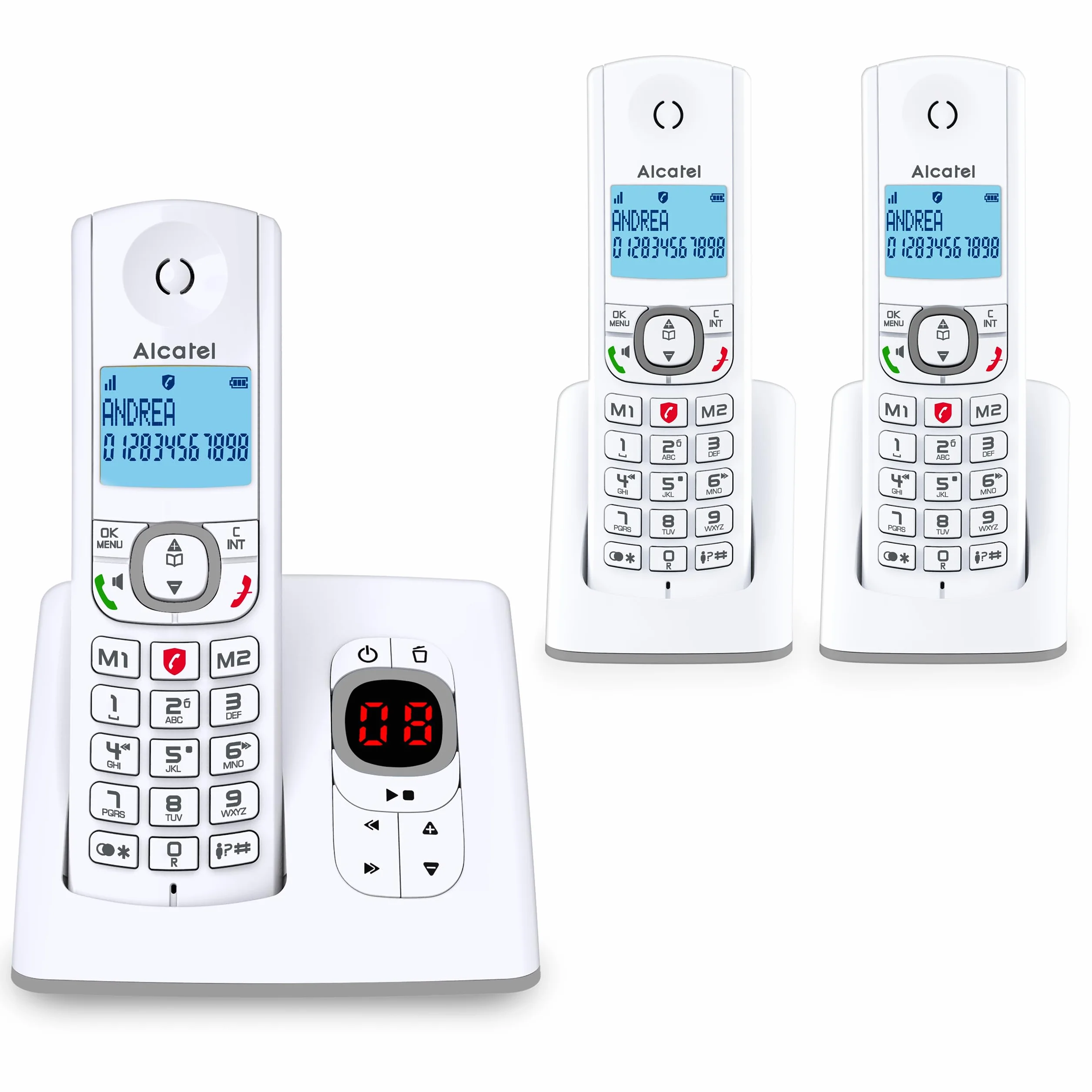 Alcatel F530 Voice Trio, telefon bezprzewodowy z automatyczną sekretarką i 3 słuchawkami, blokowanie połączeń i funkcją głośnomówiącą biały/szary