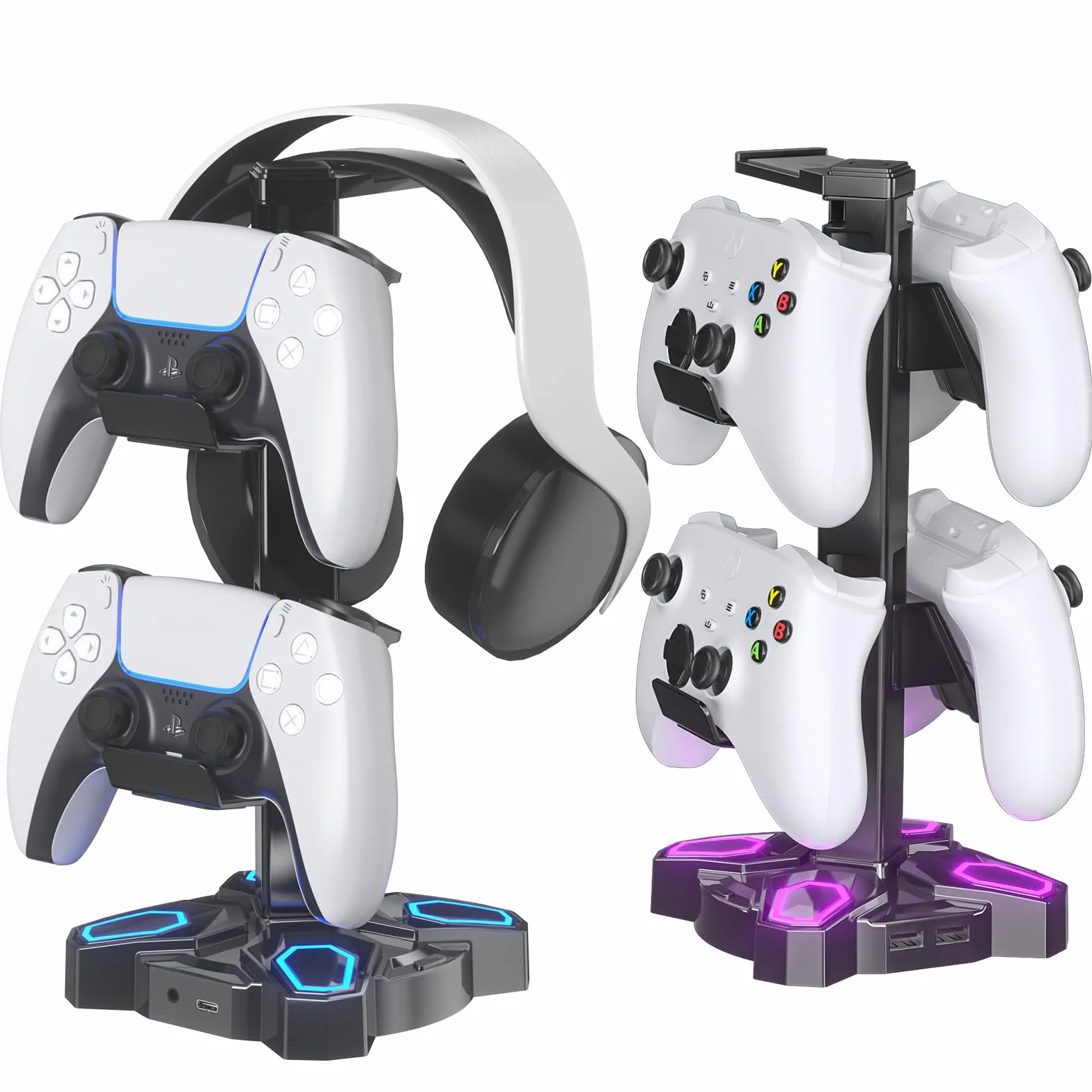 Stojak na Słuchawki Gaming RGB KDD, Obrotowy Stojak na Słuchawki z 9 Trybami Podświetlenia - Uchwyt na Kontroler z 2 Portami Ładowania USB i 3,5 mm - Wieszak na Słuchawki, Akcesoria na Biurko (Czarny)