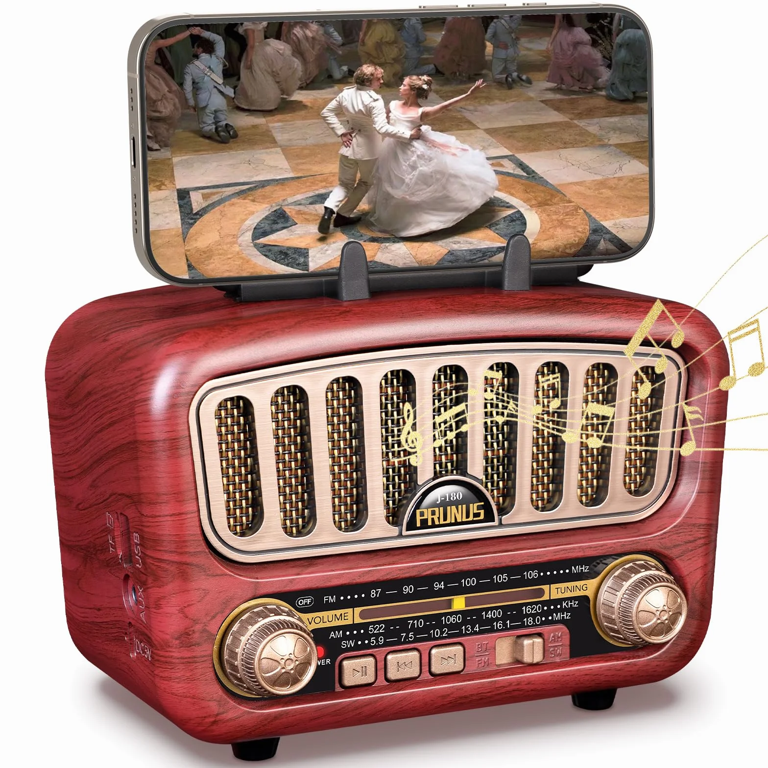 PRUNUS J-180 AM/FM/SW retro radio z Bluetooth 5.0, nostalgiczne radio małe z akumulatorem 1800 mAh, obsługuje funkcję USB/TF/AUX, z dużym głośnikiem 5 W, radio walizkowe, radio kuchenne do biura i