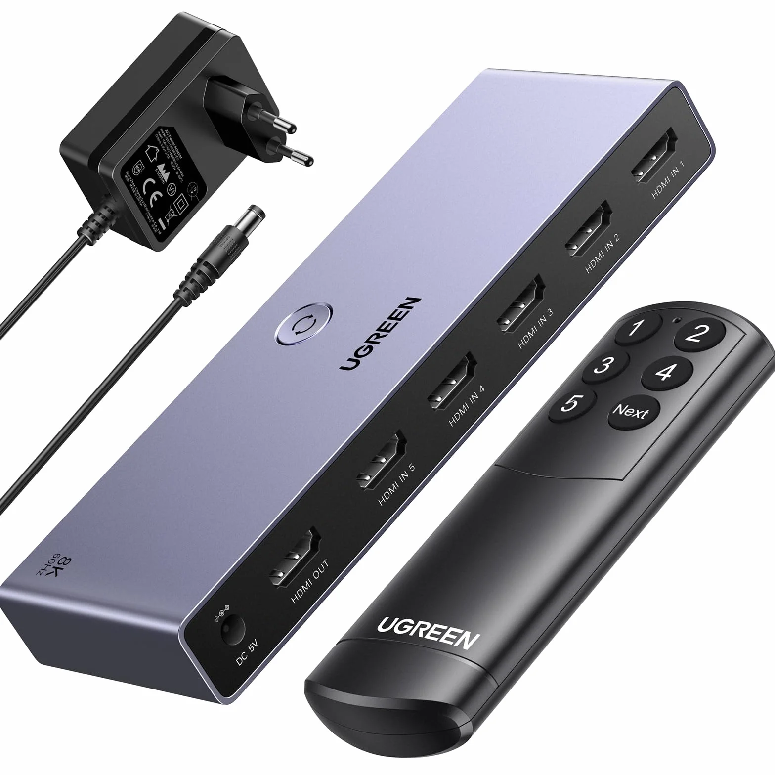UGREEN PrzełąCznik Hdmi 8k@60hz 5 Wejść 1 WyjśCie Aluminium ObsłUga 4k@240hz Hdr10+ Hdcp 2.3 Cec Rozdzielacz Hdmi 2.1 Z Zasilaczem Kompatybilny Z Ps5/4 Xbox Switch Roku Apple Tv Fire Stick