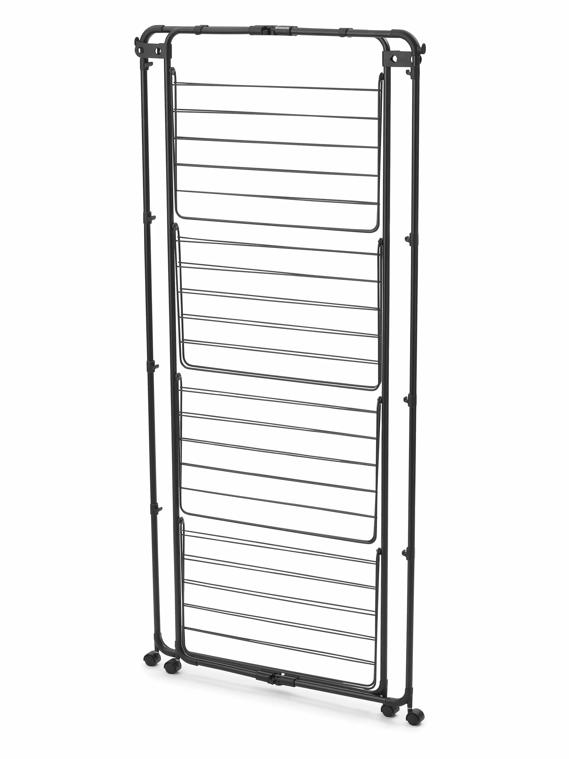 Brabantia Suszarka HangOn Tower, 30m (Matowa Czerń), Wysoka Składana Suszarka do Ubrań, Kompatkowy Stojak na Pranie z Kółkami i Haczykami