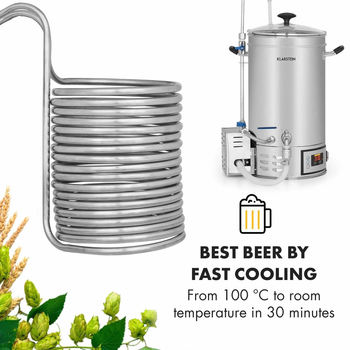 Klarstein Chiller 12 Chłodnica zanurzeniowa - spirala chłodząca wodę, chłodnica brzeczki, szybkie chłodzenie zacieru piwnego, 21,5 cm Ø, 100 °C do temp. pokojowej. w 30 min., stal nierdzewna 304, srebro, 18 pętli chłodzących