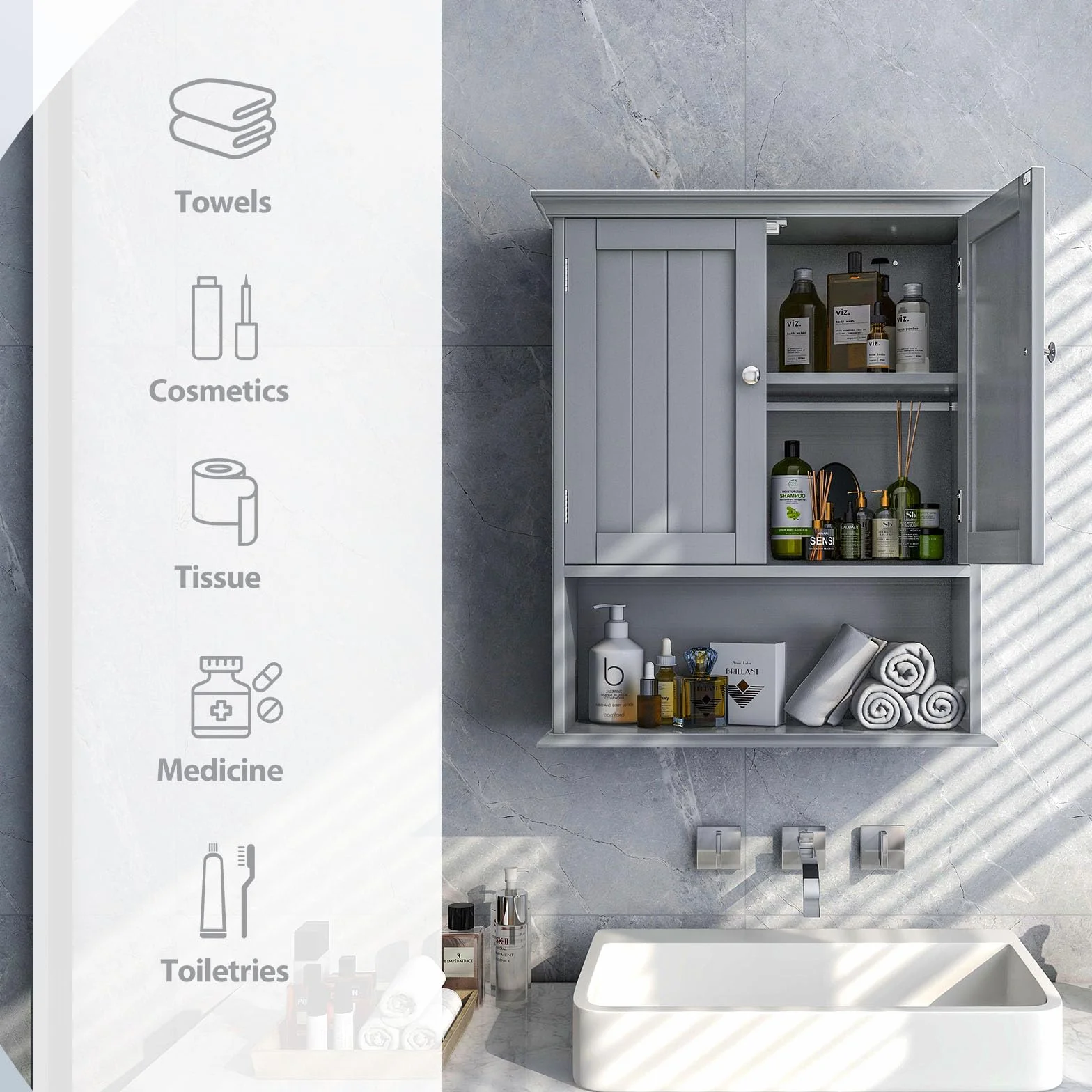 LIFEZEAL szafka łazienkowa z drewna, szafka naścienna z regulowanym regałem i 2 drzwiami, szafka wisząca do łazienki 60 x 19 x 71 cm, szafka podwieszana do WC, szafka kuchenna (szary)