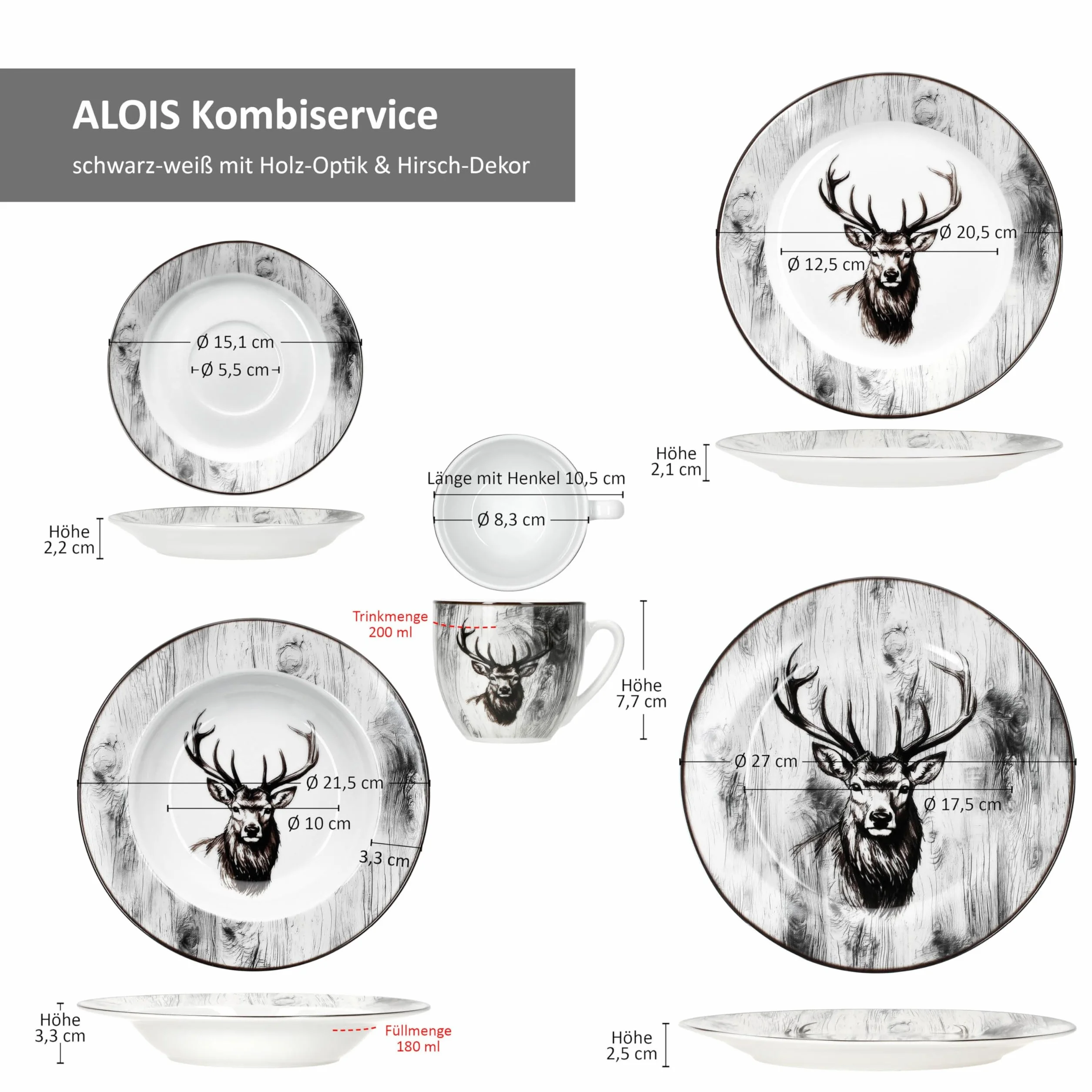 MamboCat Alois 30-częściowy porcelanowy serwis obiadowy dla 6 osób, 200 ml
