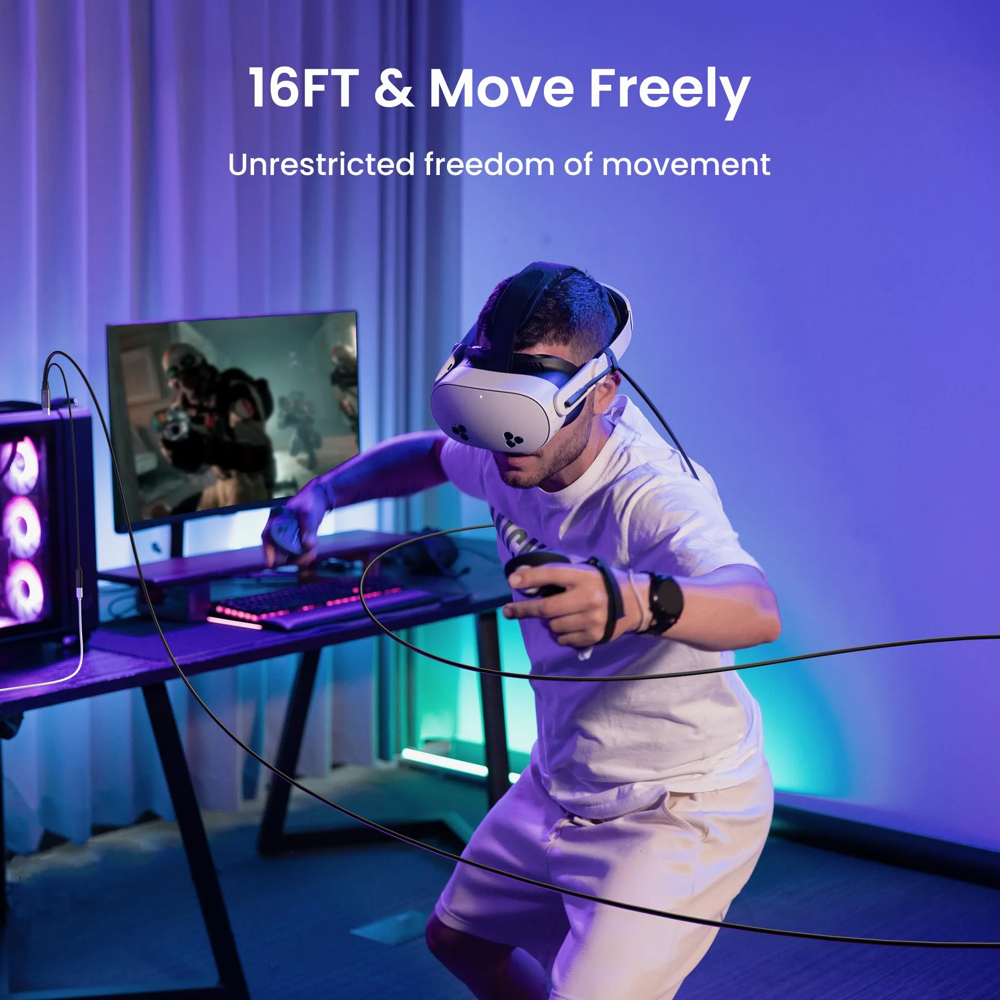 KIWI design Kabel łączący z ładowaniem 5M kompatybilny z akcesoriami Meta Quest 3s/3/2/Pro/Pico 4 i PC/SteamVR kabel łączący USB 3.0 do USB C z superprędkością 5 Gb/s do rozszerzonej rozgrywki, czarny