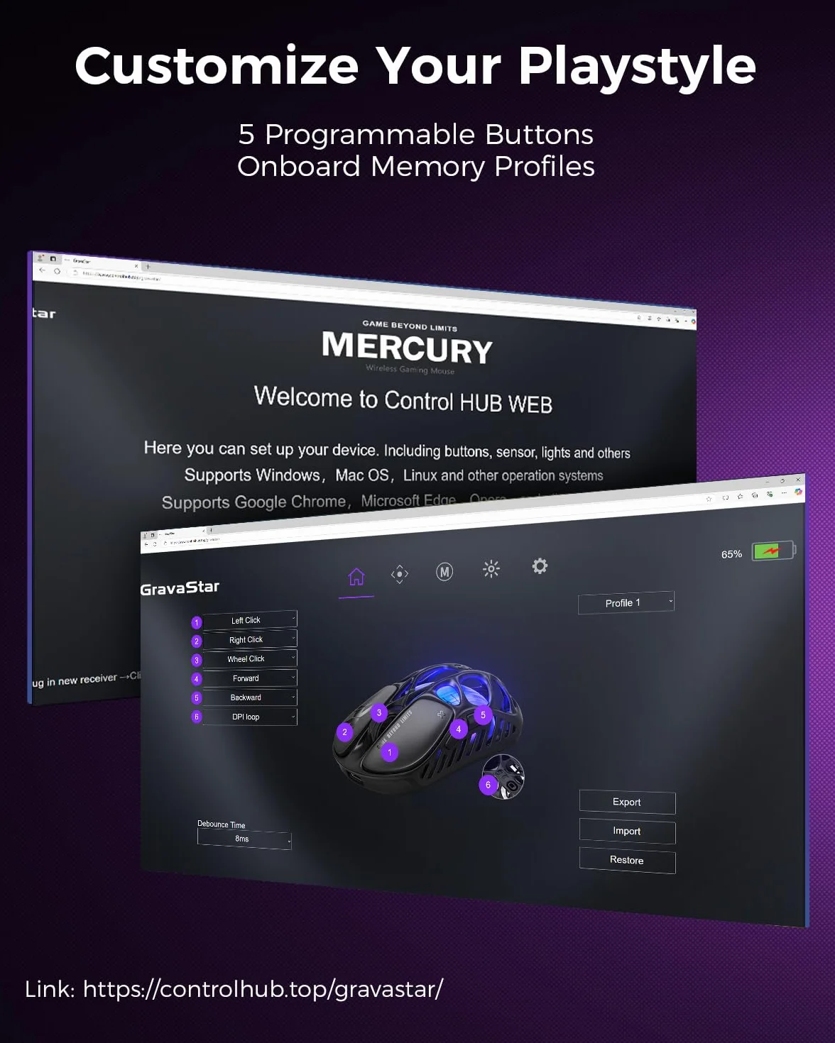 GravaStar Bezprzewodowa mysz do gier Mercury X – czujnik 32 000 DPI PAW 3950, częstotliwość odpytywania 1000 Hz, tylko 49 g, pusta ramka ze stopu magnezu, oświetlenie RGB, 5 programowalnych przycisków