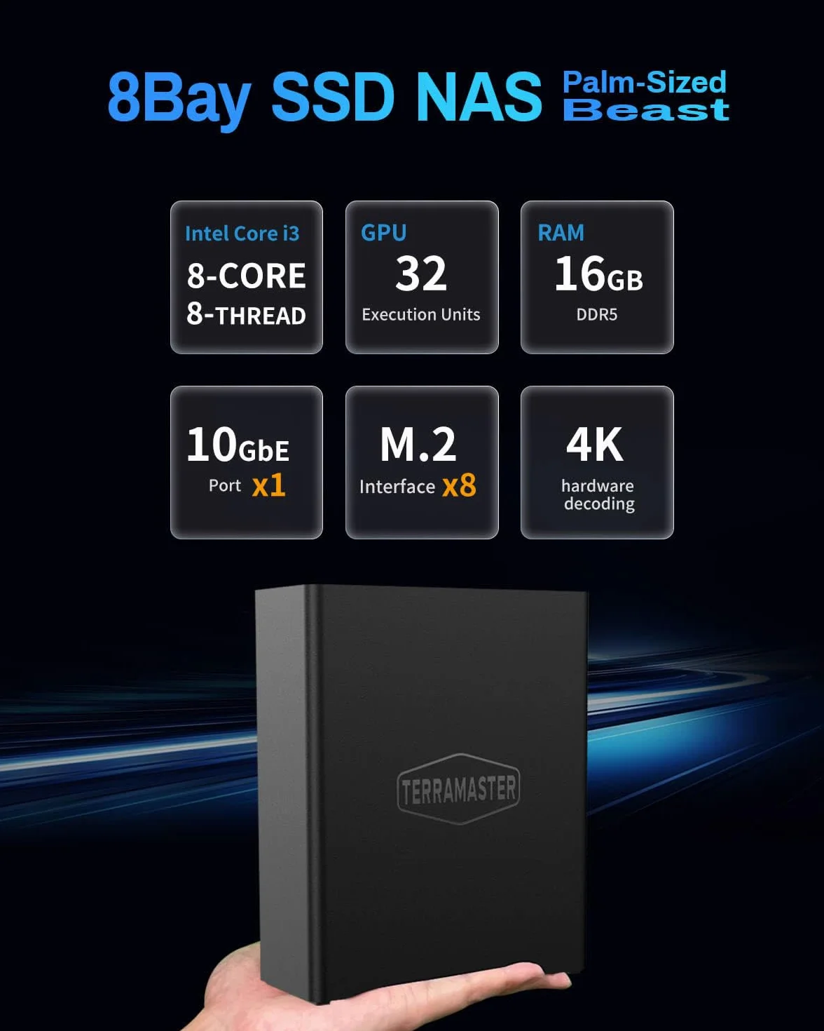 TERRAMASTER F8 SSD Plus NAS - 8 Bay All SSD NAS Storage Core i3 8-rdzeniowy procesor 8-nitkowy, 16 GB RAM DDR5, portem 10GbE, sieciowy magazyn danych, w zestawie 8 radiatorów (bez dysków)