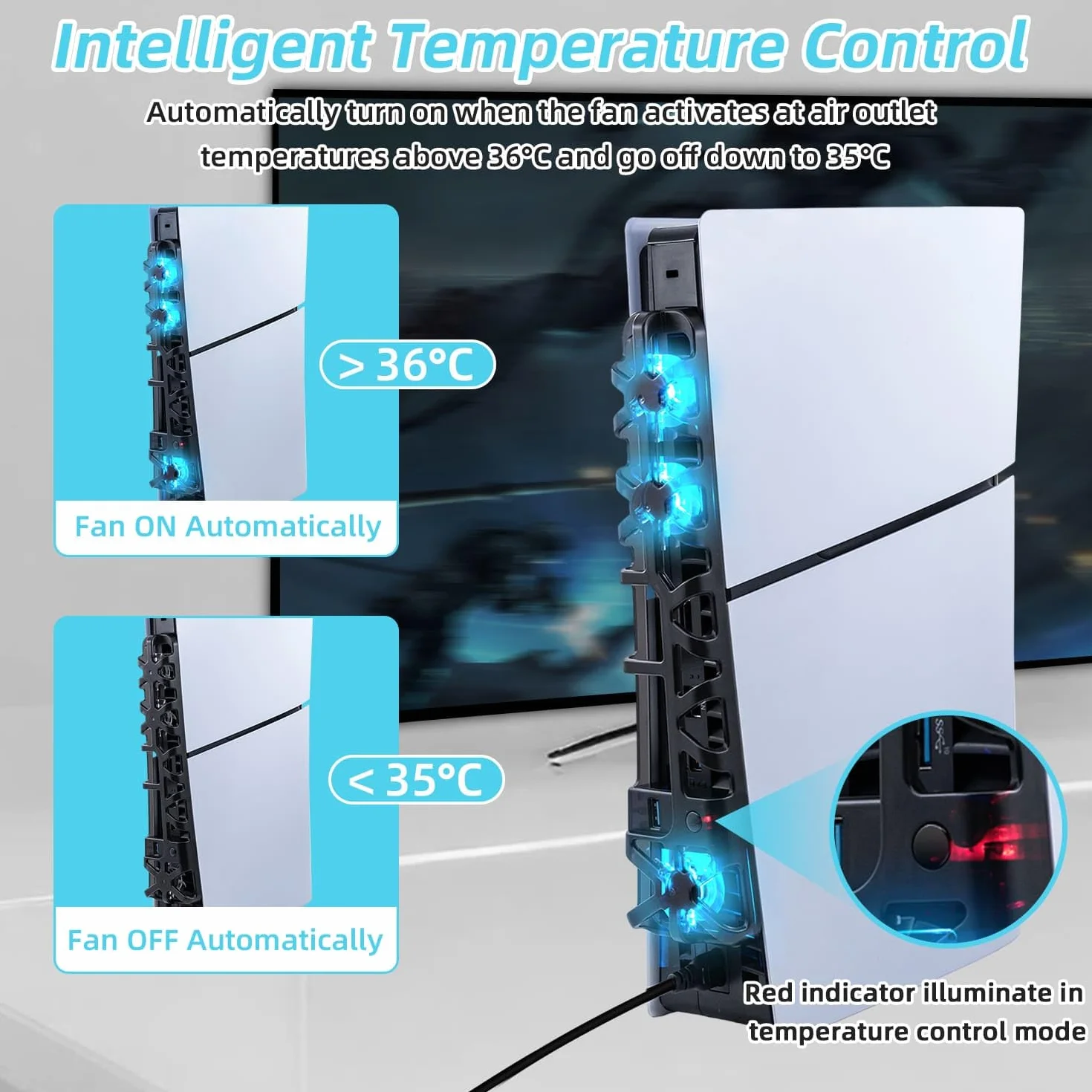 Wentylator chłodzący PS5 Slim z kolorowym światłem LED, cichy wentylator z regulacją temperatury do konsoli PS5 Slim DE/UHD, 3 tryby - czarny - nie dla PS5/PS5 Pro