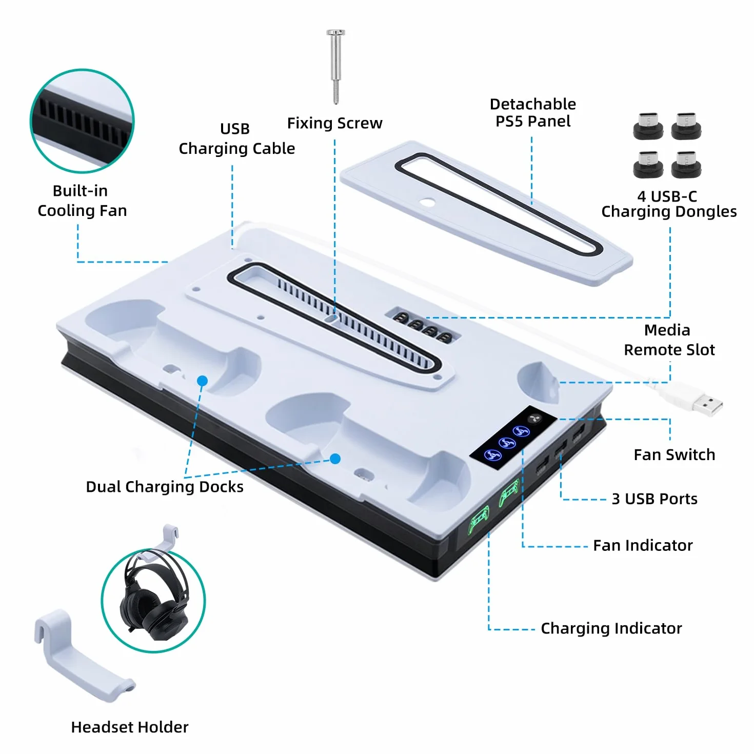 PS5 Slim podstawa z wentylatorem, stojak na słuchawki, stacja ładująca do kontrolera z USB, wielofunkcyjna stacja LED z magnesem