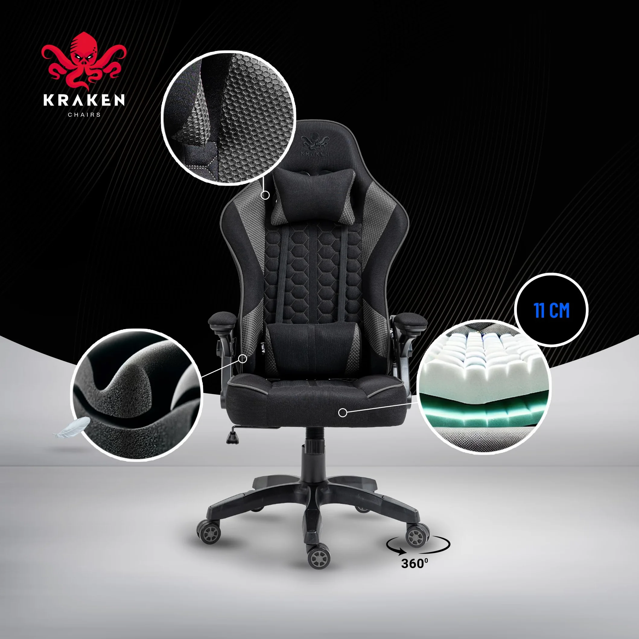 Fotel Gamingowy z Tkaniny - Czarno Grafitowy - Regulacja Wysokości i Podłokietników - Poduszka na Zagłówek i Lędźwie - Obrotowy Fotel dla Gracza do Biura i Gier - Ergonomiczny Design