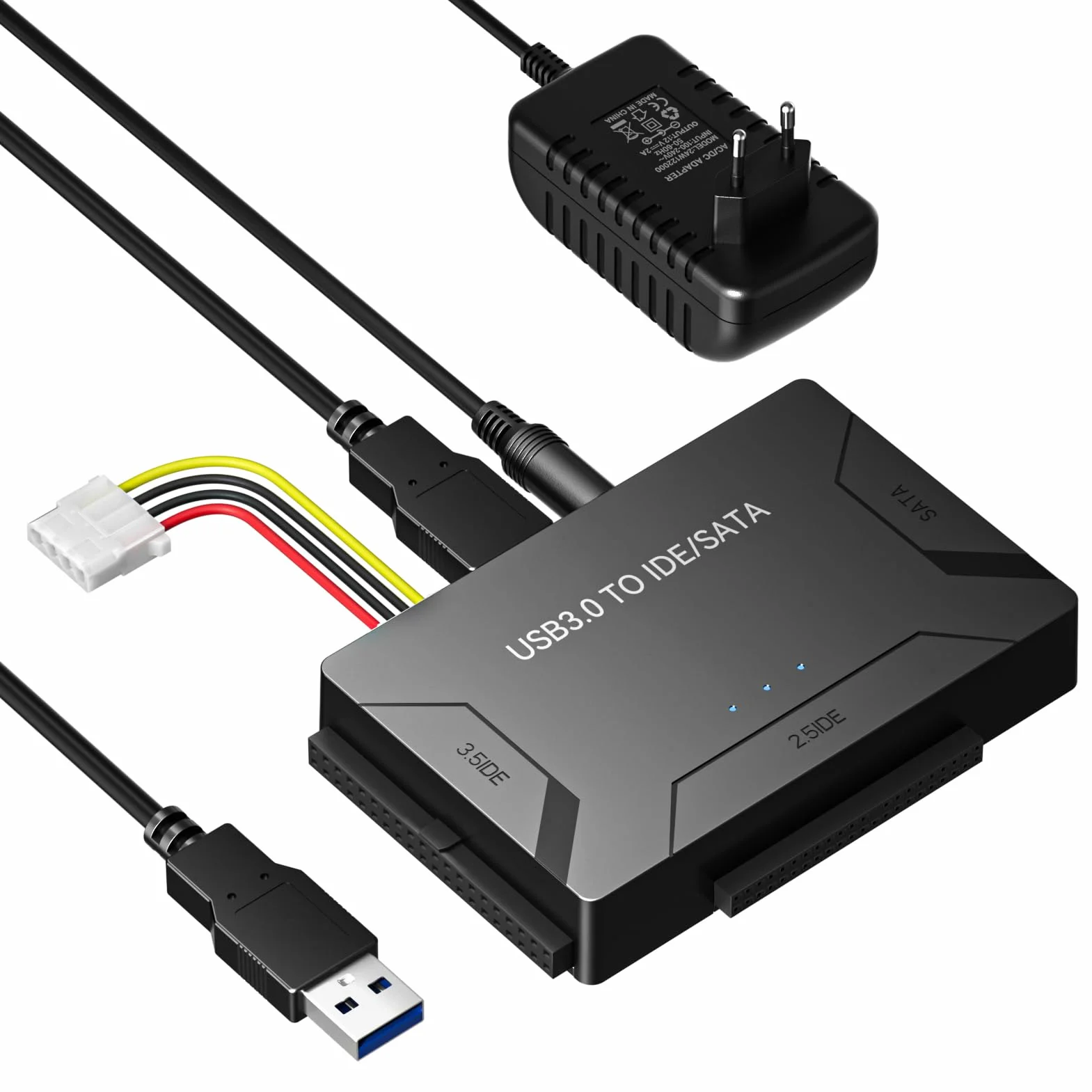 IDE USB 3.0 Adapter, USB 3.0 do SATA Adapter Uniwersalny konwerter dysków twardych do 2,5 i 3,5 cali SATA & IDE HDD/SSD z zasilaczem 12V 2A Kabel USB do systemu Windows 10/8/7/XP/Vista Mac OS Linux