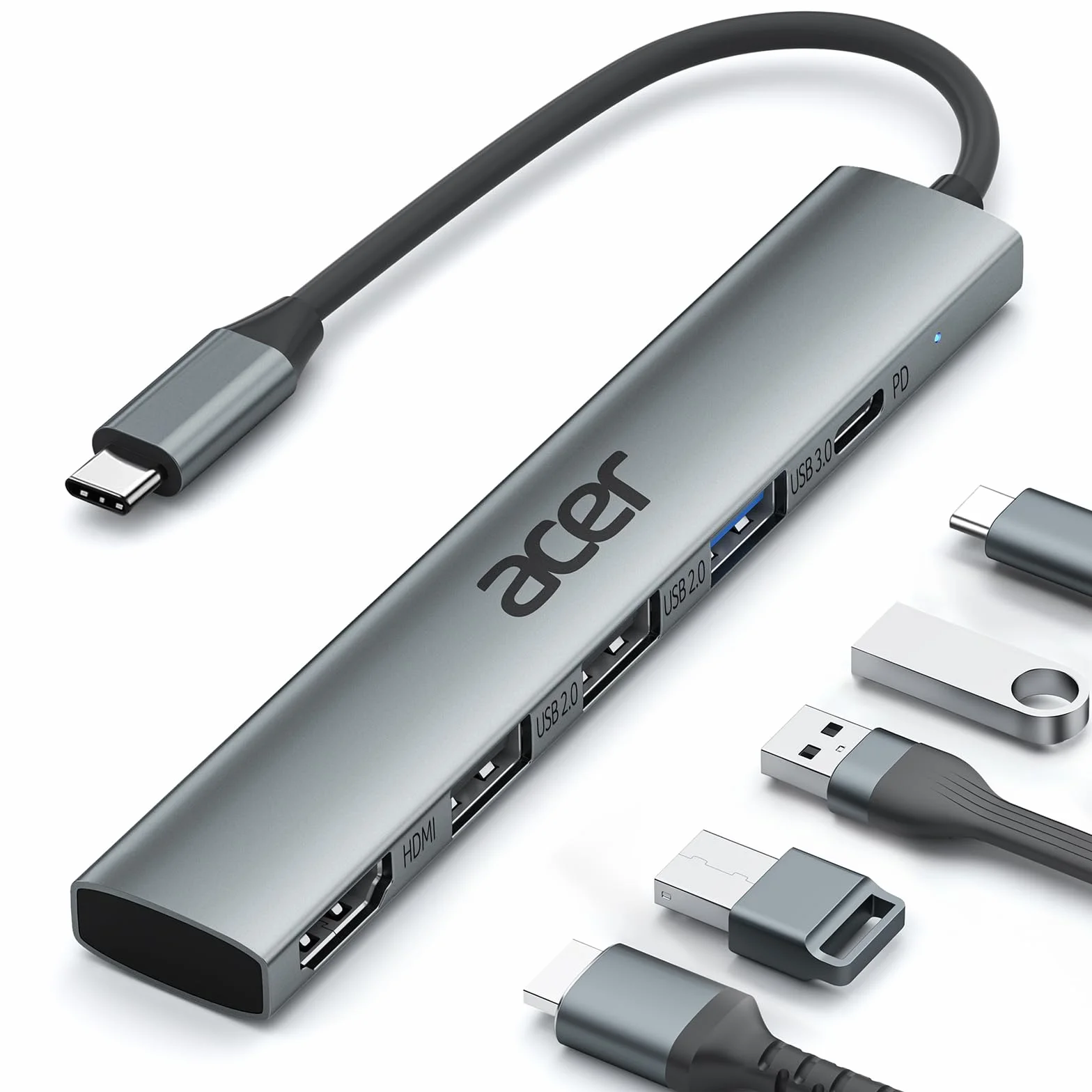 acer Hub USB C z HDMI 4K, aluminiowy adapter wieloportowy USB-C 5 w 1 z 3 portami USB-A, moc 100W, rozdzielacz typu C, kompatybilny z laptopem, tabletem, MacBookiem M3/M2, XPS, iPadem Pro itp.