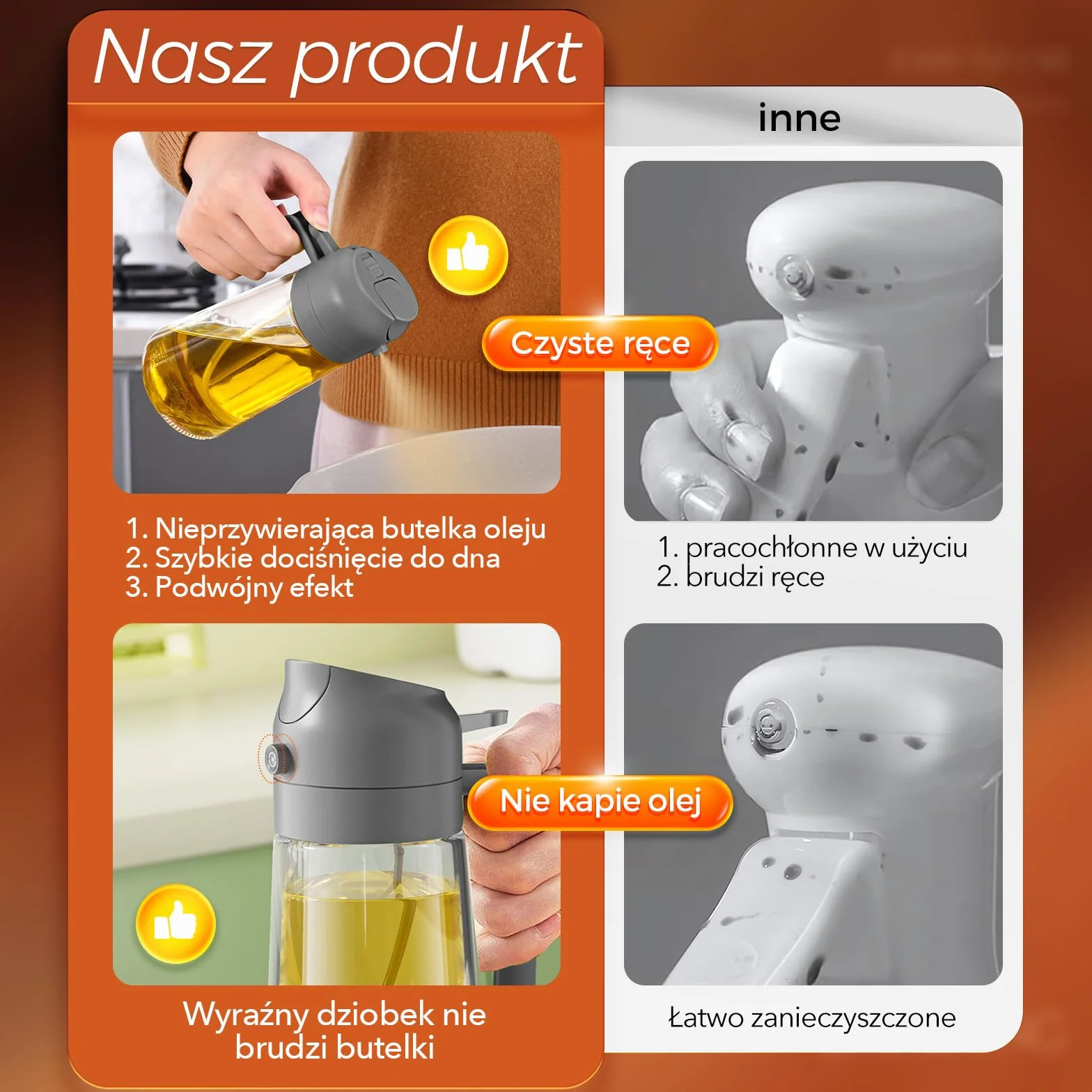 YARRAMATE 2 w 1 rozpylacz oleju jadalnego, butelka z rozpylaczem 470 ml, nadaje się do kontaktu z żywnością, spray na olej do gotowania, wysokiej jakości rozpylacz oleju do kuchni (05_szary)